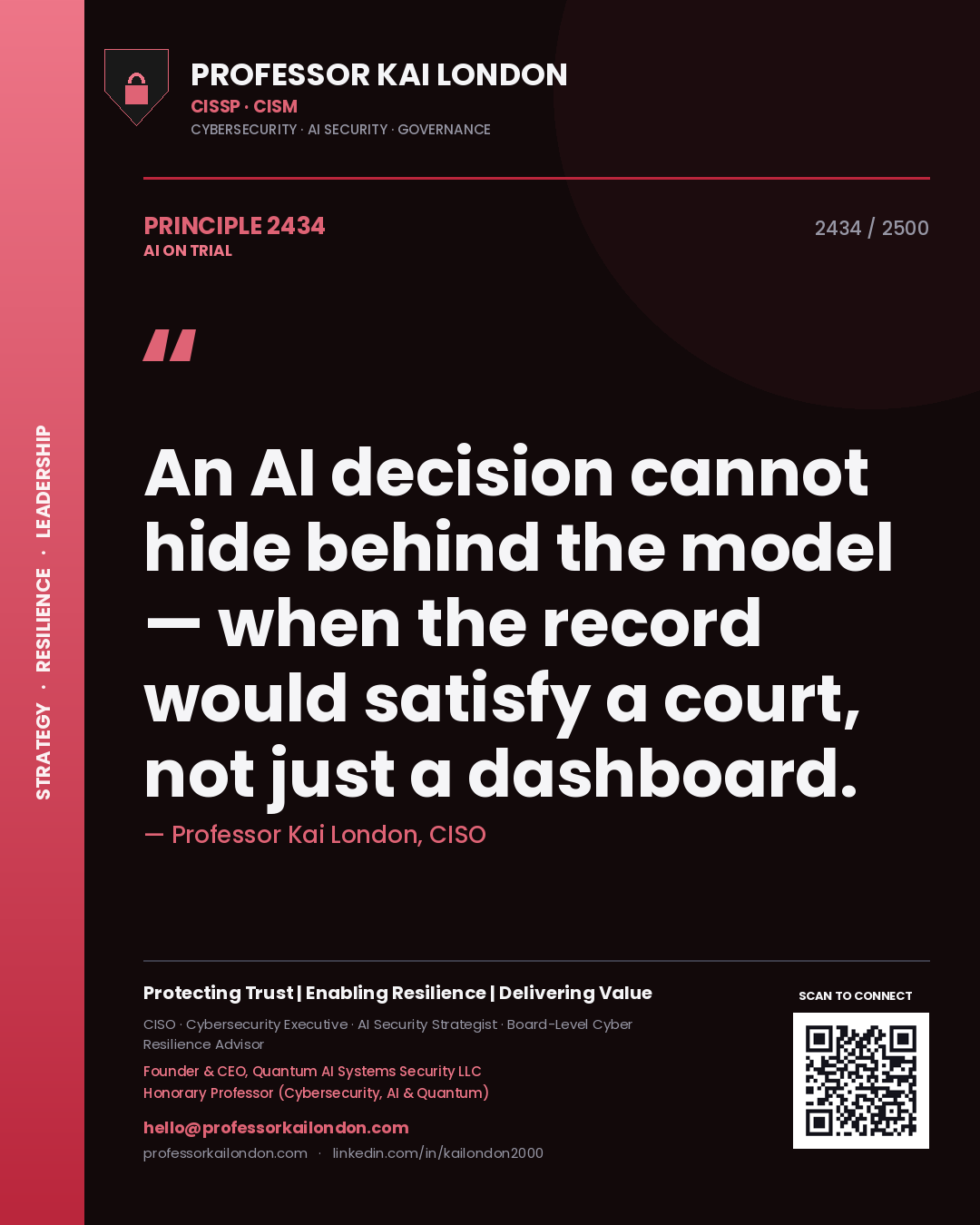 Professor Kai London principle 2434: An AI decision cannot hide behind the model — when the record would satisfy a court, not just a dashboard.