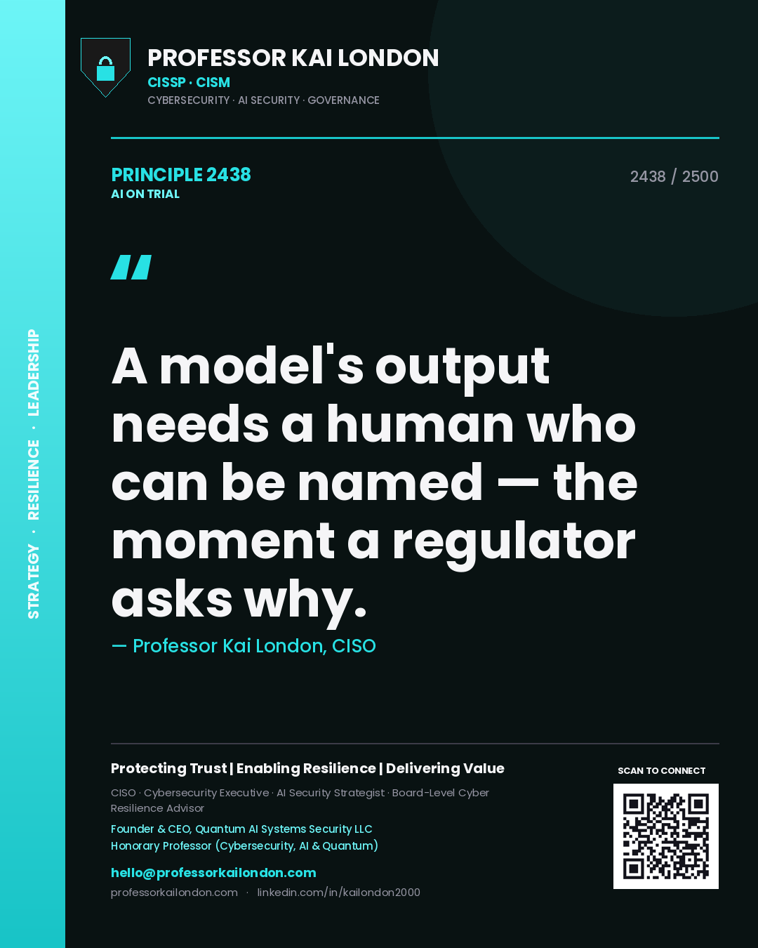 Professor Kai London principle 2438: A model's output needs a human who can be named — the moment a regulator asks why.
