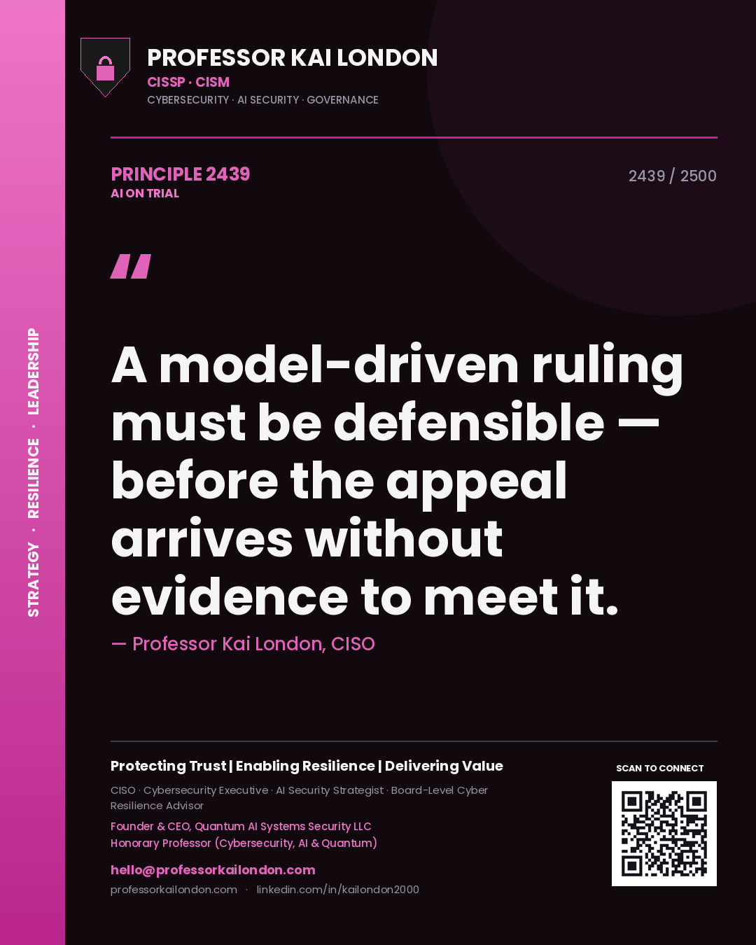 Quote card by Professor Kai London reading 'A model-driven ruling must be defensible — before the appeal arrives without evidence to meet it.'. From the book AI on Trial.