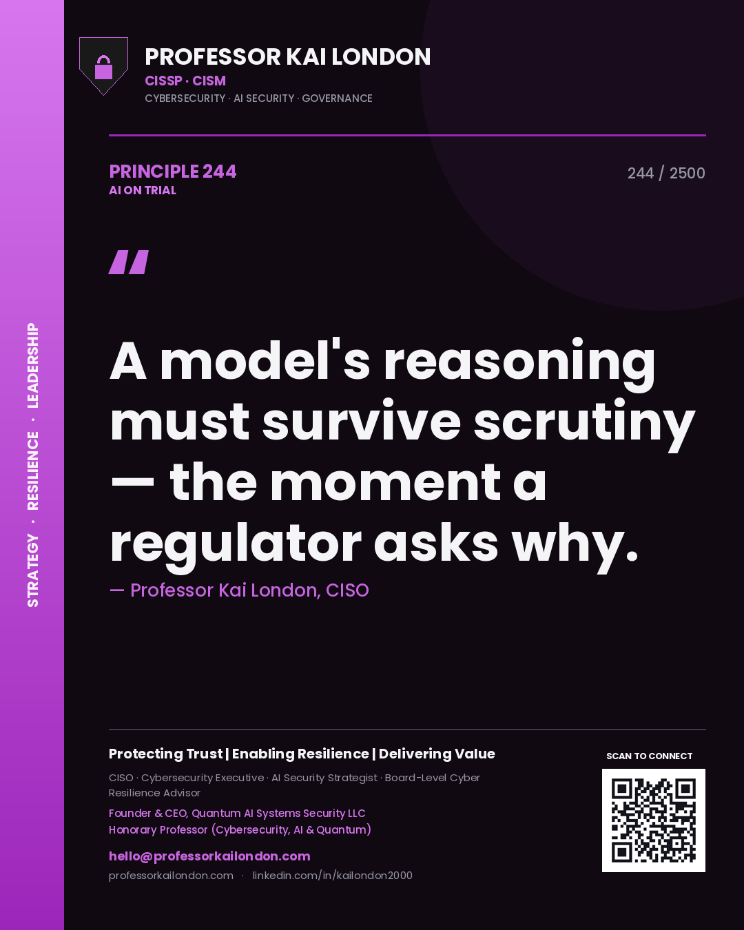 Professor Kai London principle 244: A model's reasoning must survive scrutiny — the moment a regulator asks why.