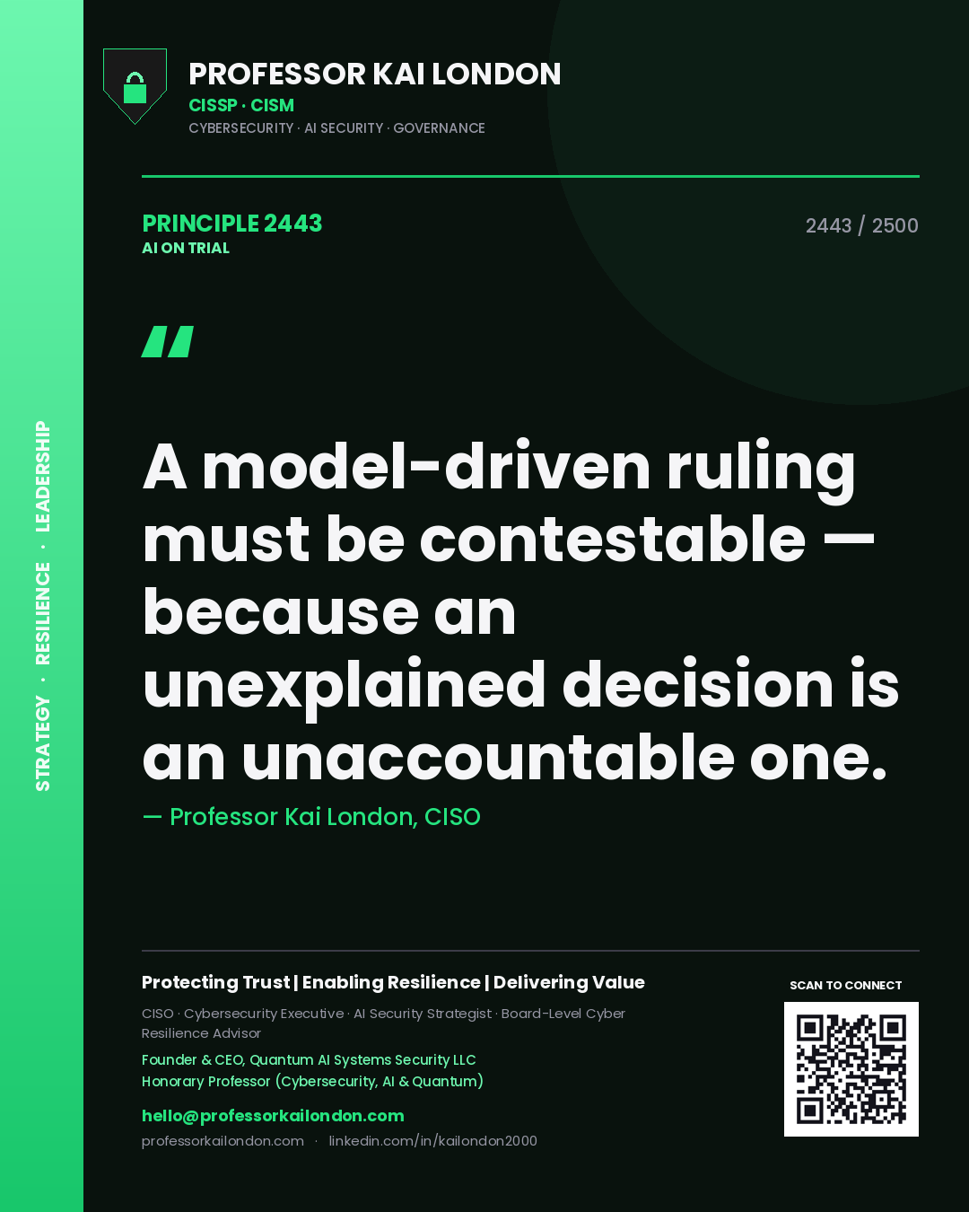 Professor Kai London principle 2443: A model-driven ruling must be contestable — because an unexplained decision is an unaccountable one.