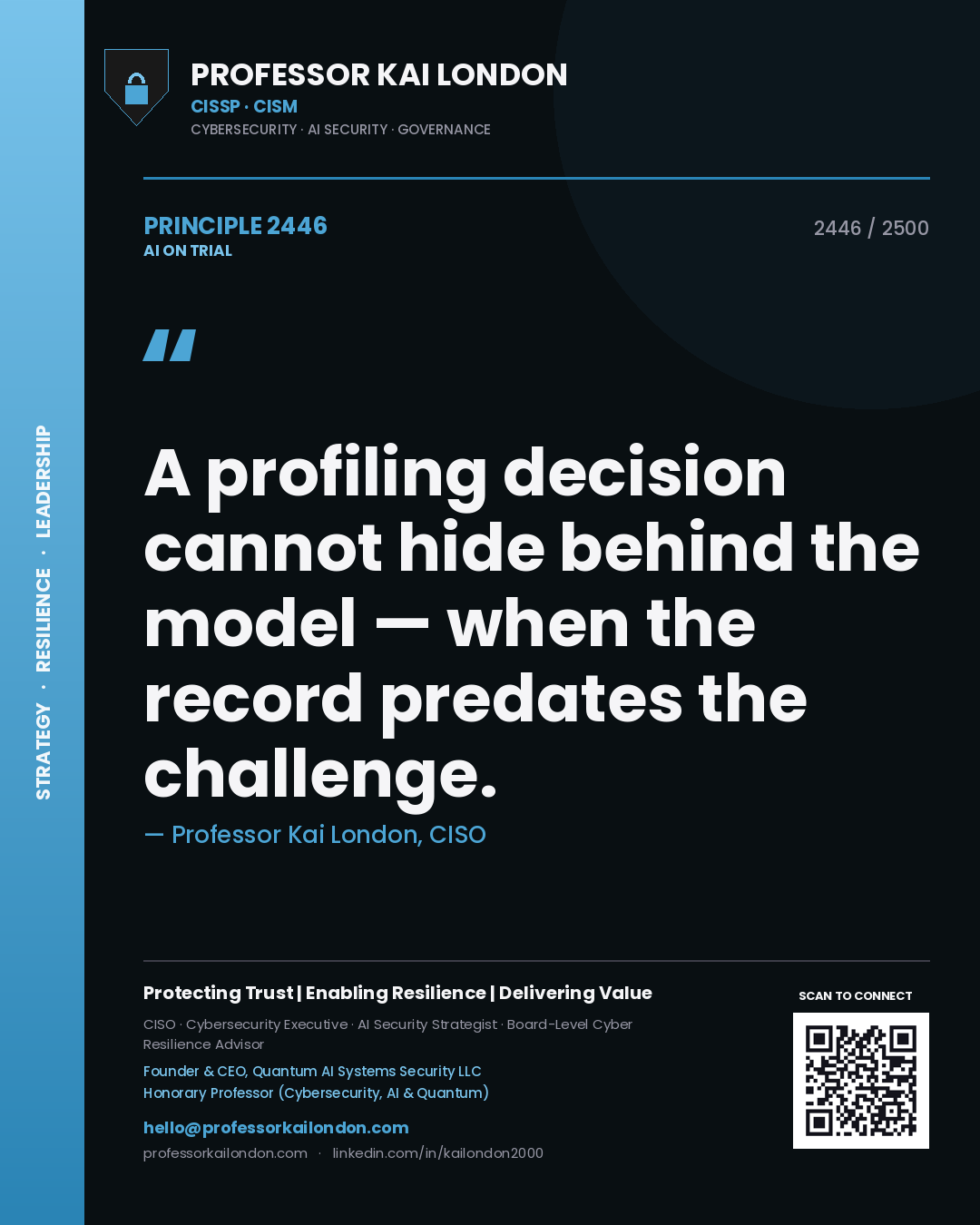 Professor Kai London principle 2446: A profiling decision cannot hide behind the model — when the record predates the challenge.