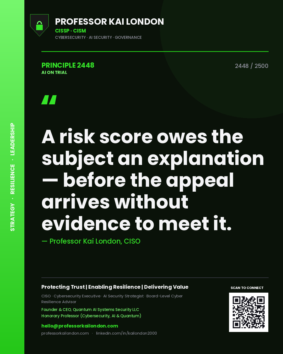 Quote card by Professor Kai London reading 'A risk score owes the subject an explanation — before the appeal arrives without evidence to meet it.'. From the book AI on Trial.