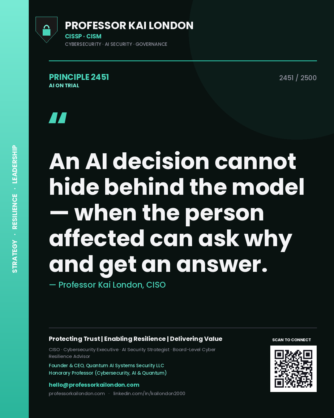 Professor Kai London principle 2451: An AI decision cannot hide behind the model — when the person affected can ask why and get an answer.
