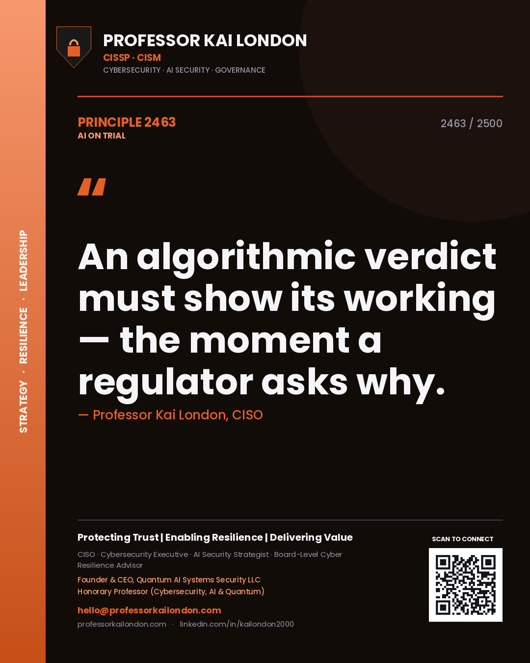 Professor Kai London principle 2463: An algorithmic verdict must show its working — the moment a regulator asks why.