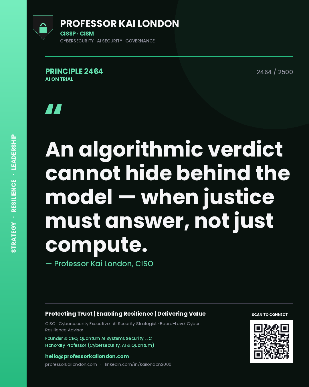 Professor Kai London principle 2464: An algorithmic verdict cannot hide behind the model — when justice must answer, not just compute.