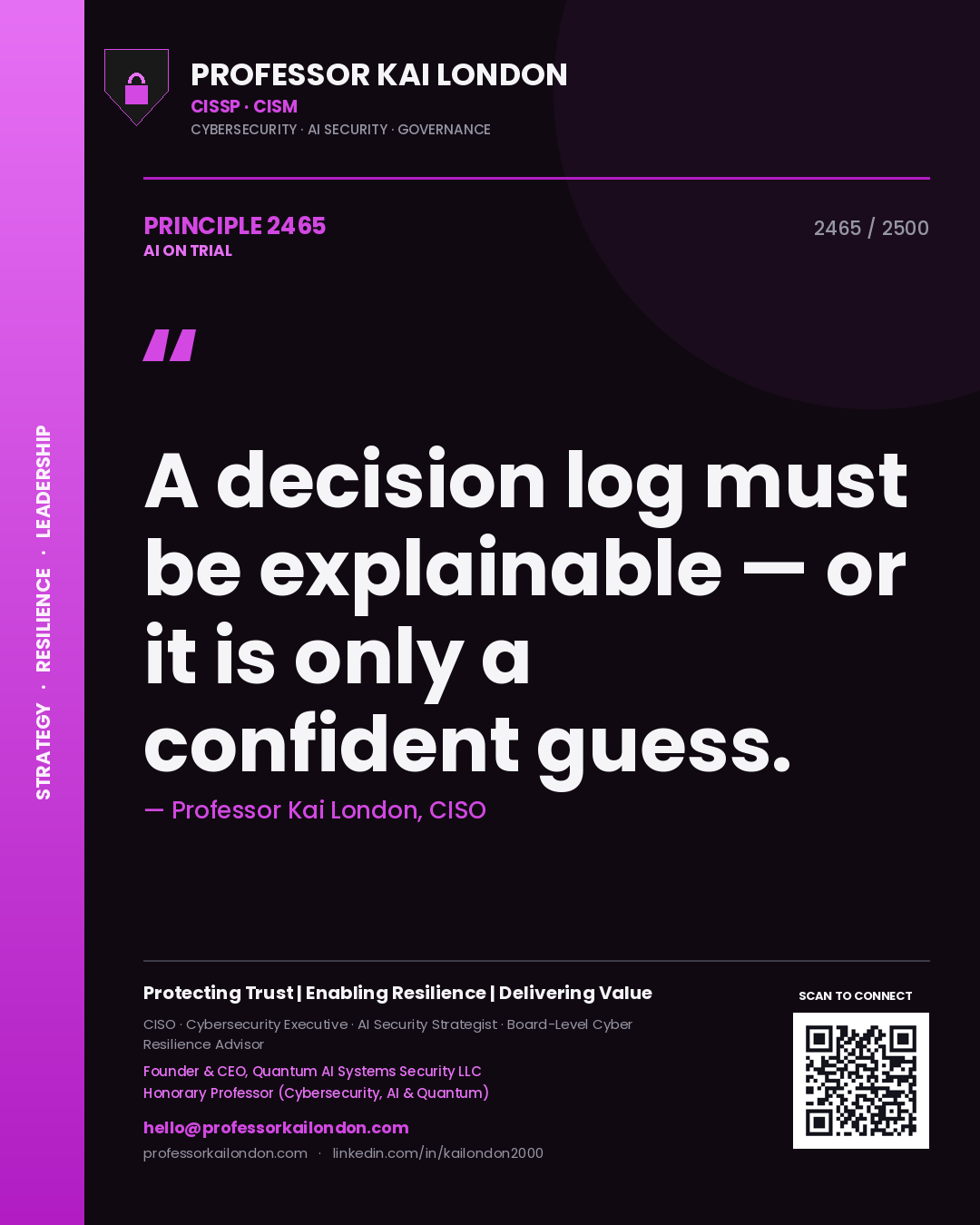 Professor Kai London principle 2465: A decision log must be explainable — or it is only a confident guess.