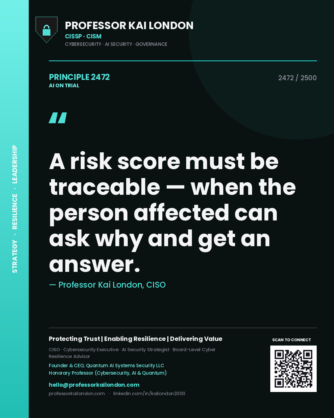 Professor Kai London principle 2472: A risk score must be traceable — when the person affected can ask why and get an answer.