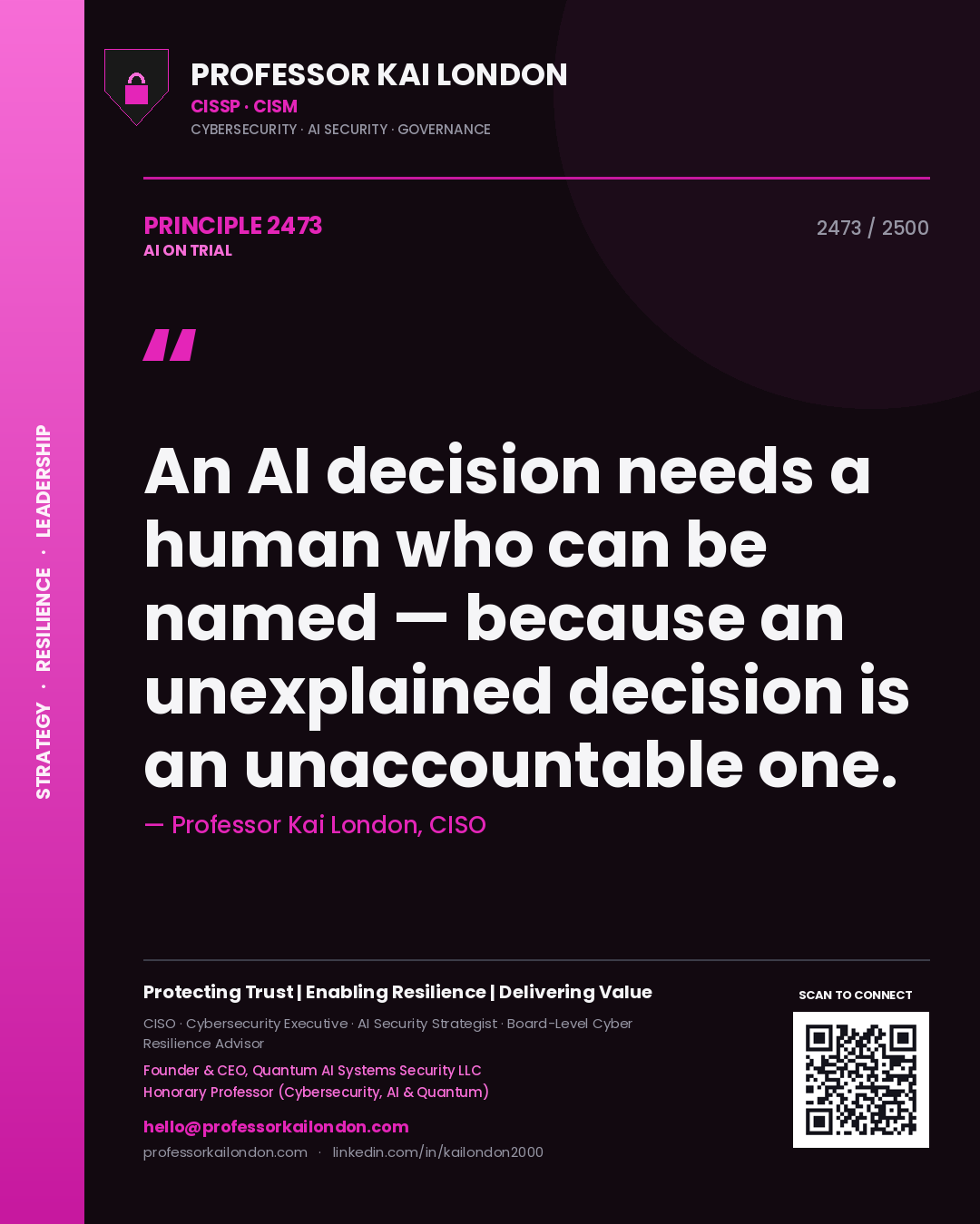 Professor Kai London principle 2473: An AI decision needs a human who can be named — because an unexplained decision is an unaccountable one.