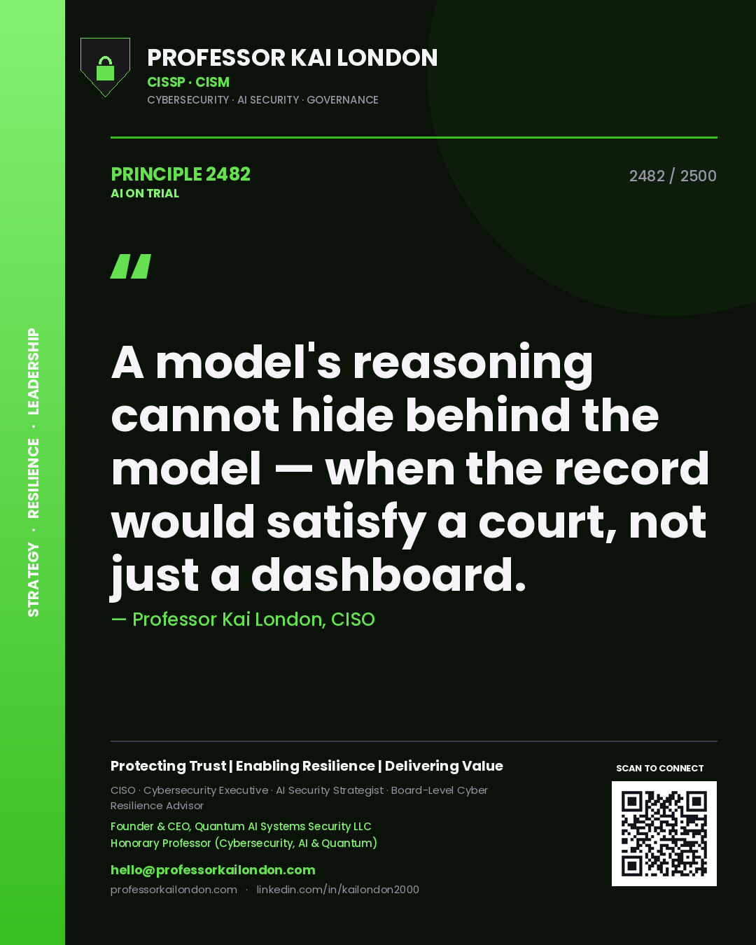 Professor Kai London principle 2482: A model's reasoning cannot hide behind the model — when the record would satisfy a court, not just a dashboard.
