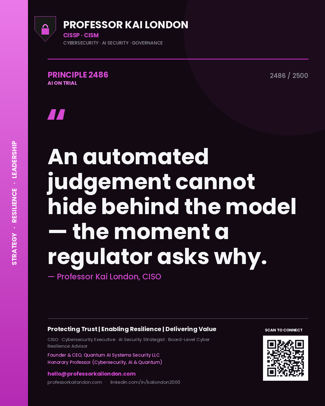 Professor Kai London principle 2486: An automated judgement cannot hide behind the model — the moment a regulator asks why.