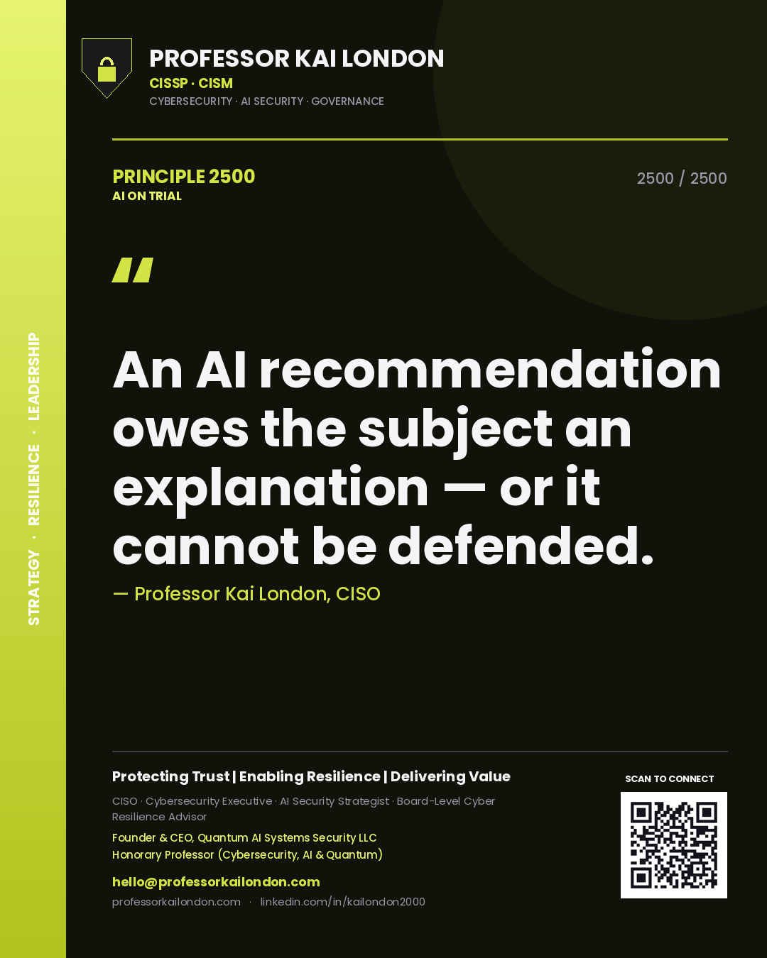 Professor Kai London principle 2500: An AI recommendation owes the subject an explanation — or it cannot be defended.