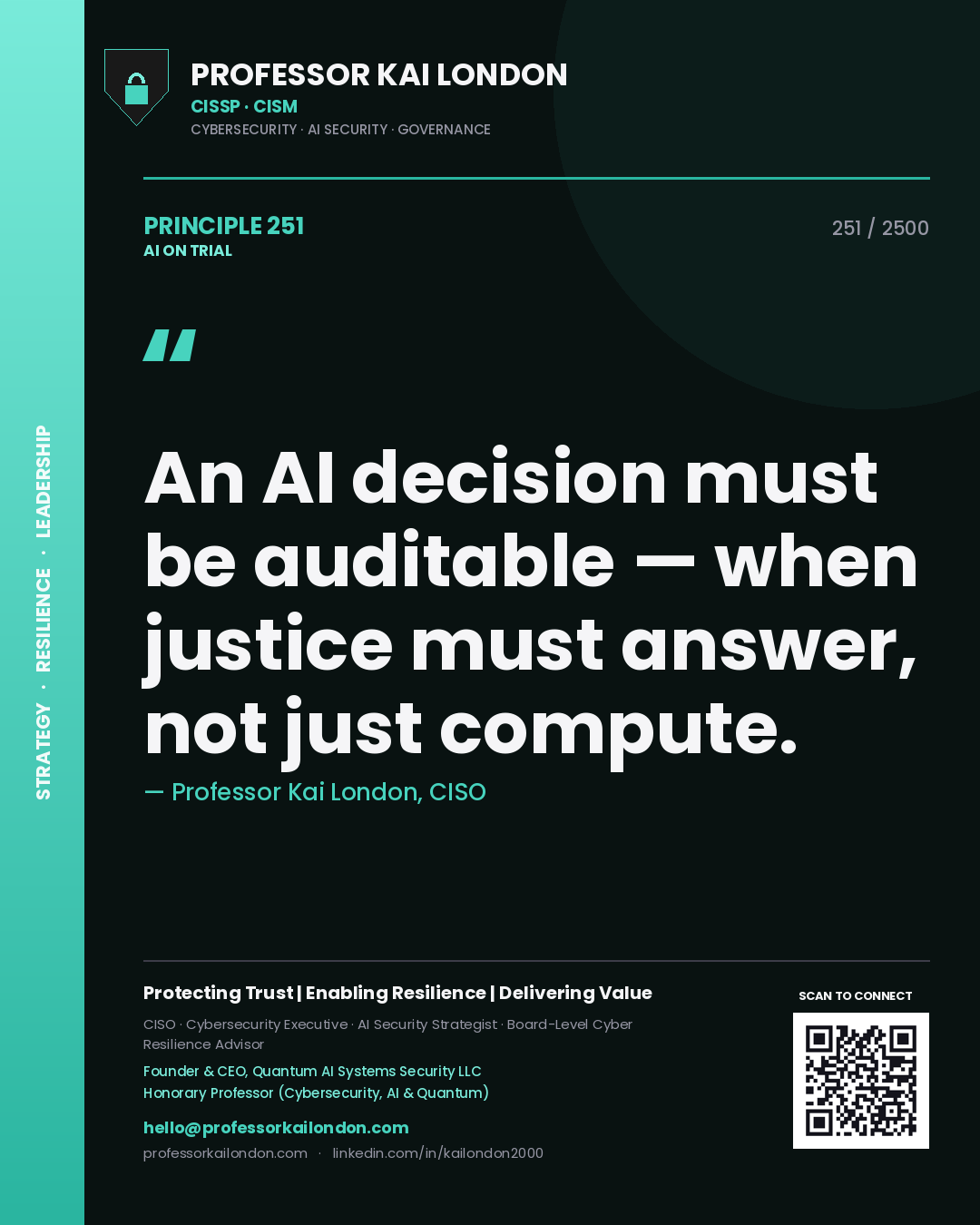 Professor Kai London principle 251: An AI decision must be auditable — when justice must answer, not just compute.