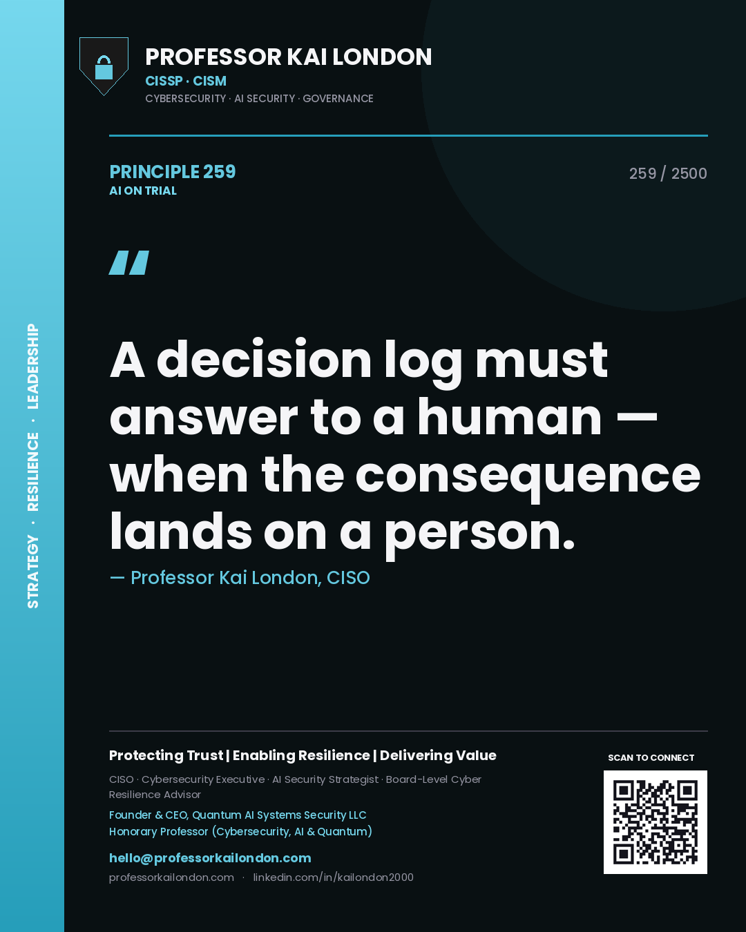 Professor Kai London principle 259: A decision log must answer to a human — when the consequence lands on a person.