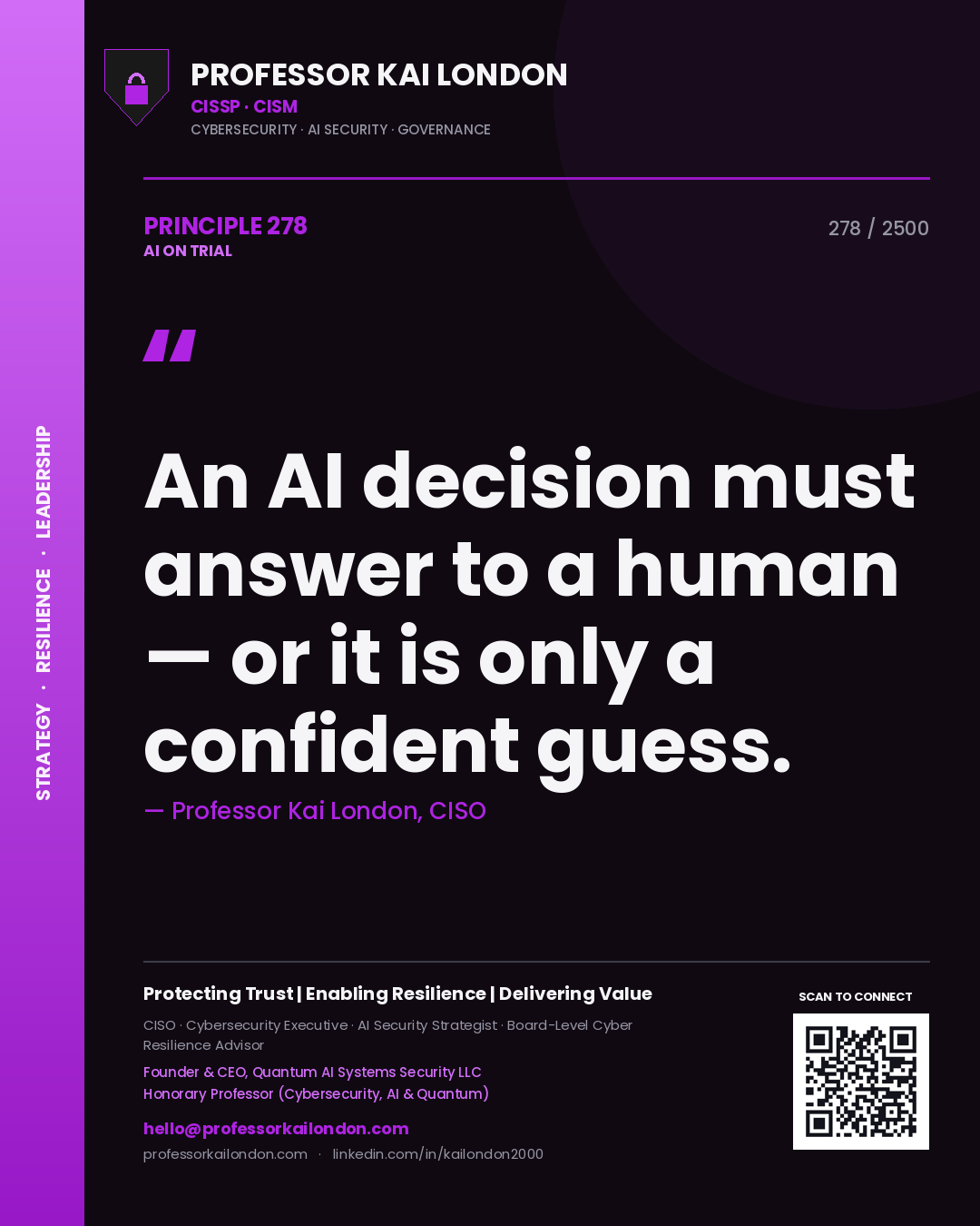 Professor Kai London principle 278: An AI decision must answer to a human — or it is only a confident guess.