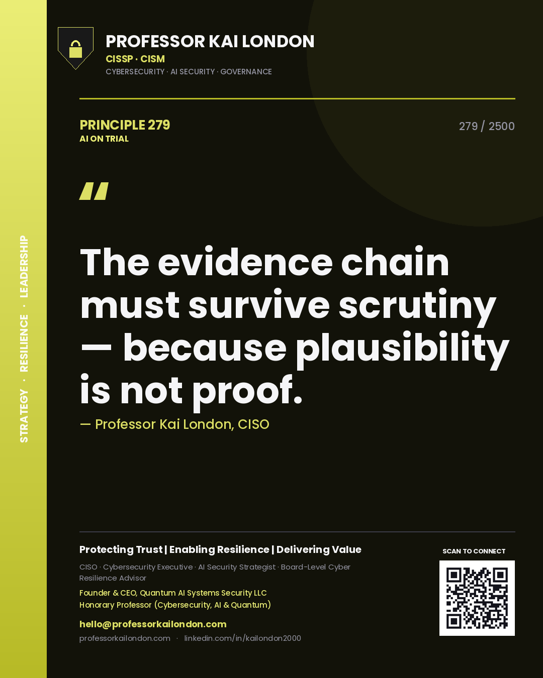 Quote card by Professor Kai London reading 'The evidence chain must survive scrutiny — because plausibility is not proof.'. From the book AI on Trial.