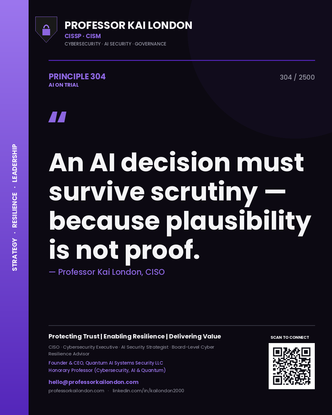 Quote card by Professor Kai London reading 'An AI decision must survive scrutiny — because plausibility is not proof.'. From the book AI on Trial.
