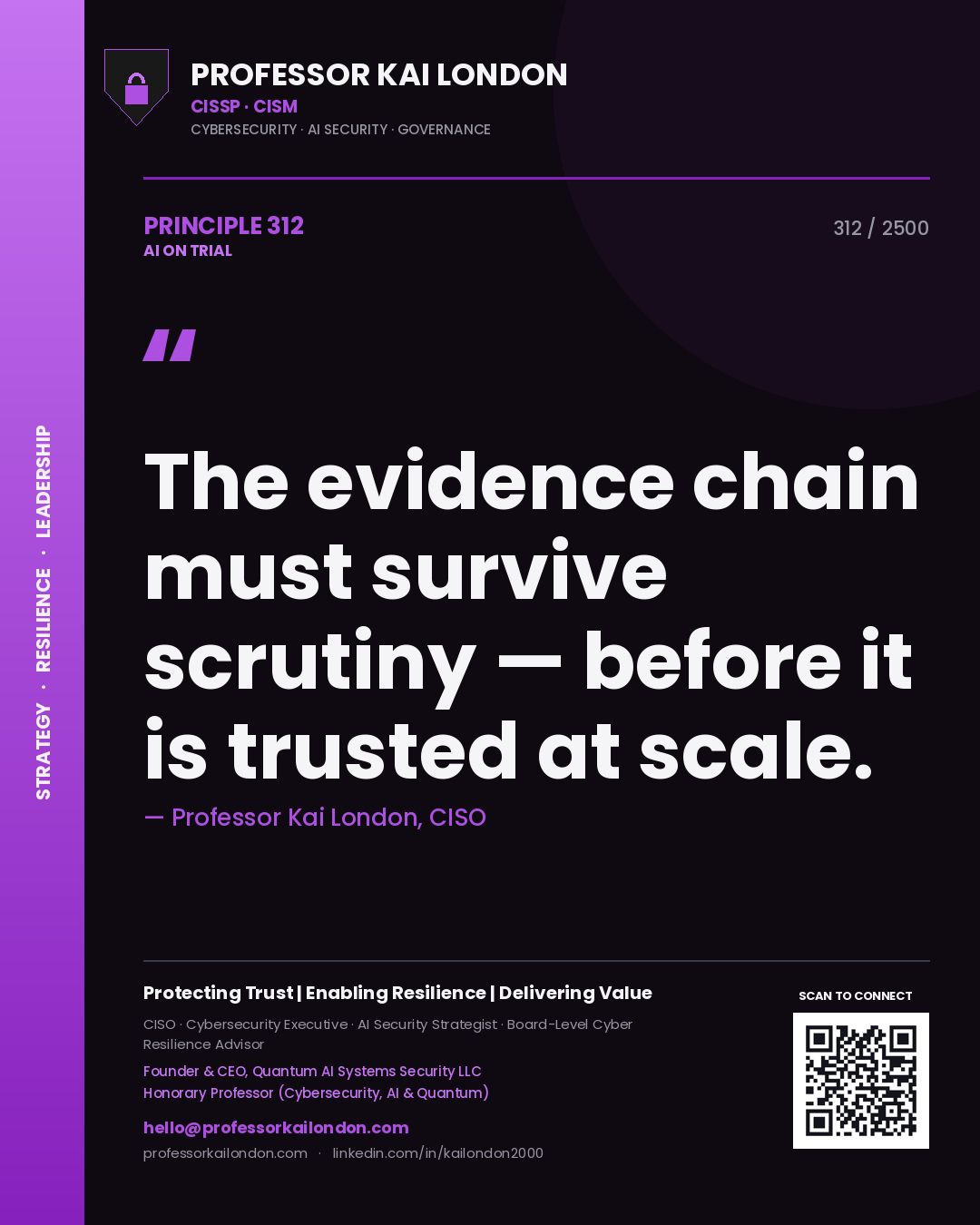 Professor Kai London principle 312: The evidence chain must survive scrutiny — before it is trusted at scale.