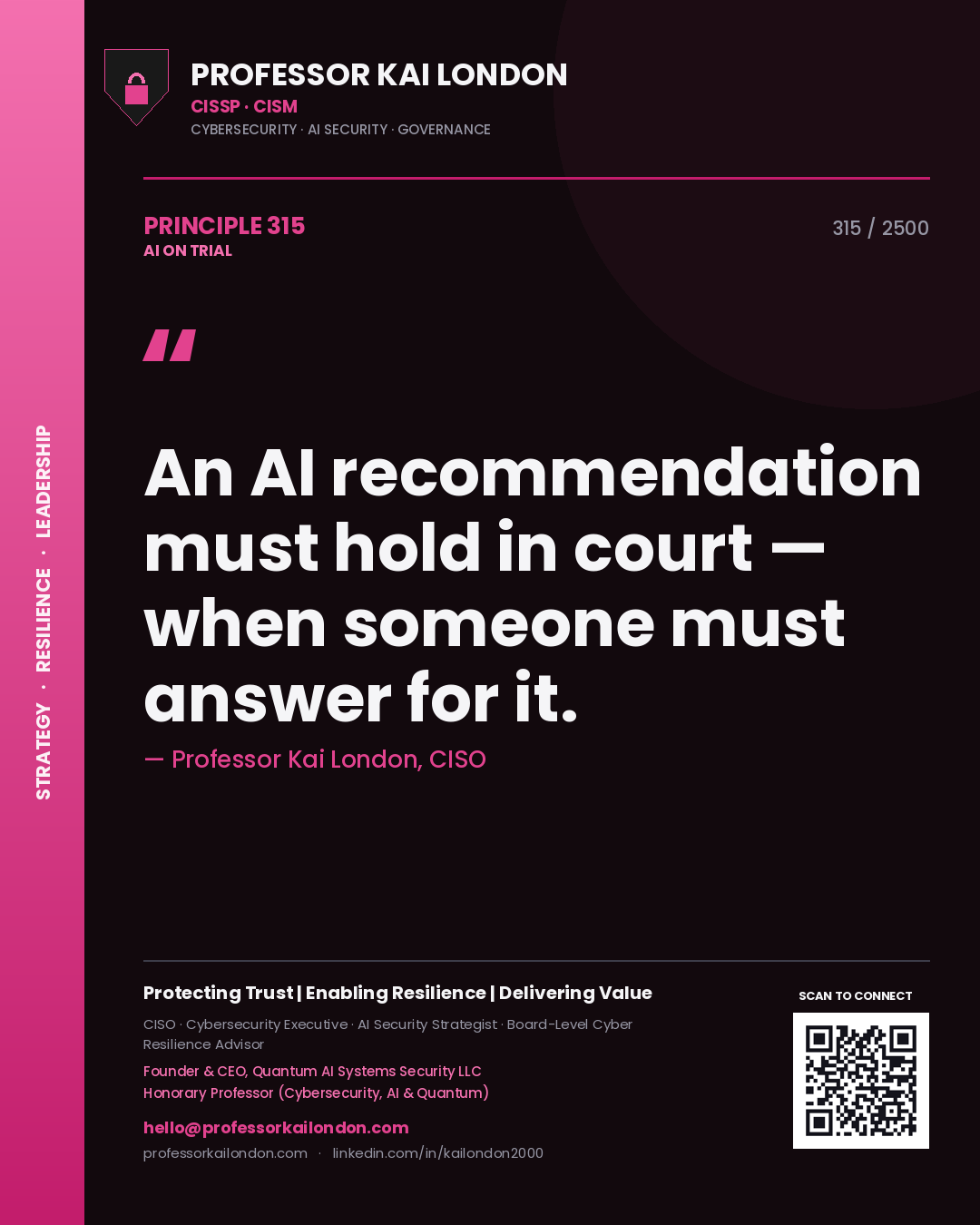 Professor Kai London principle 315: An AI recommendation must hold in court — when someone must answer for it.