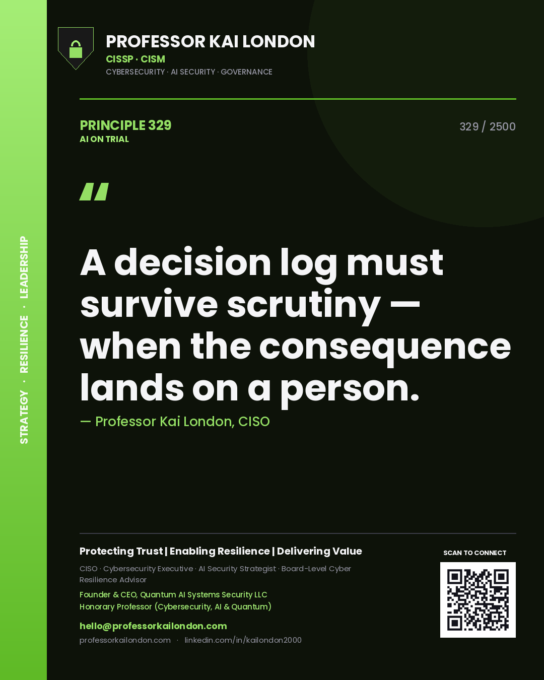 Professor Kai London principle 329: A decision log must survive scrutiny — when the consequence lands on a person.