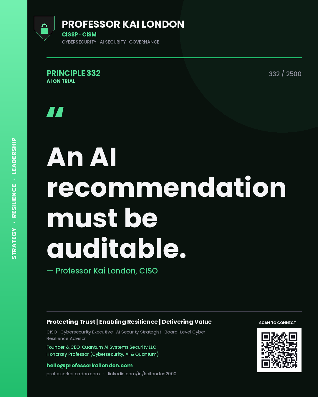 Quote card by Professor Kai London reading 'An AI recommendation must be auditable.'. From the book AI on Trial.