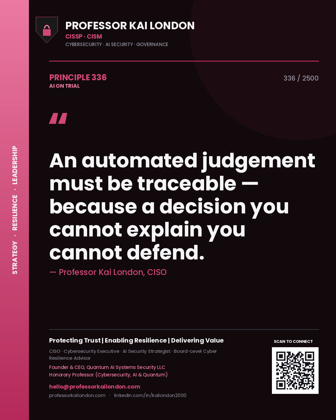 Professor Kai London principle 336: An automated judgement must be traceable — because a decision you cannot explain you cannot defend.