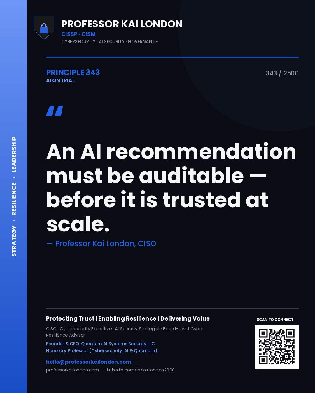 Professor Kai London principle 343: An AI recommendation must be auditable — before it is trusted at scale.