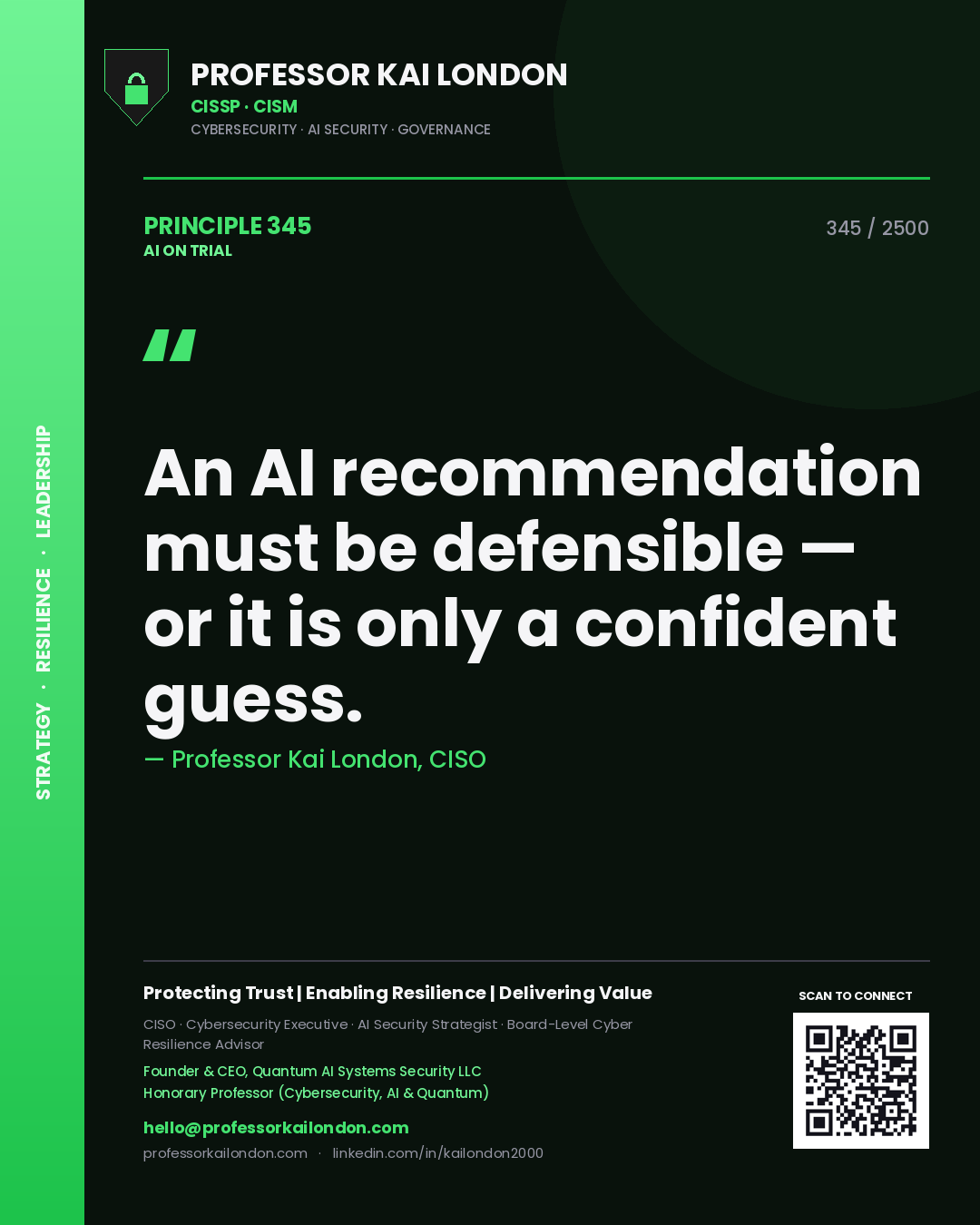 Professor Kai London principle 345: An AI recommendation must be defensible — or it is only a confident guess.