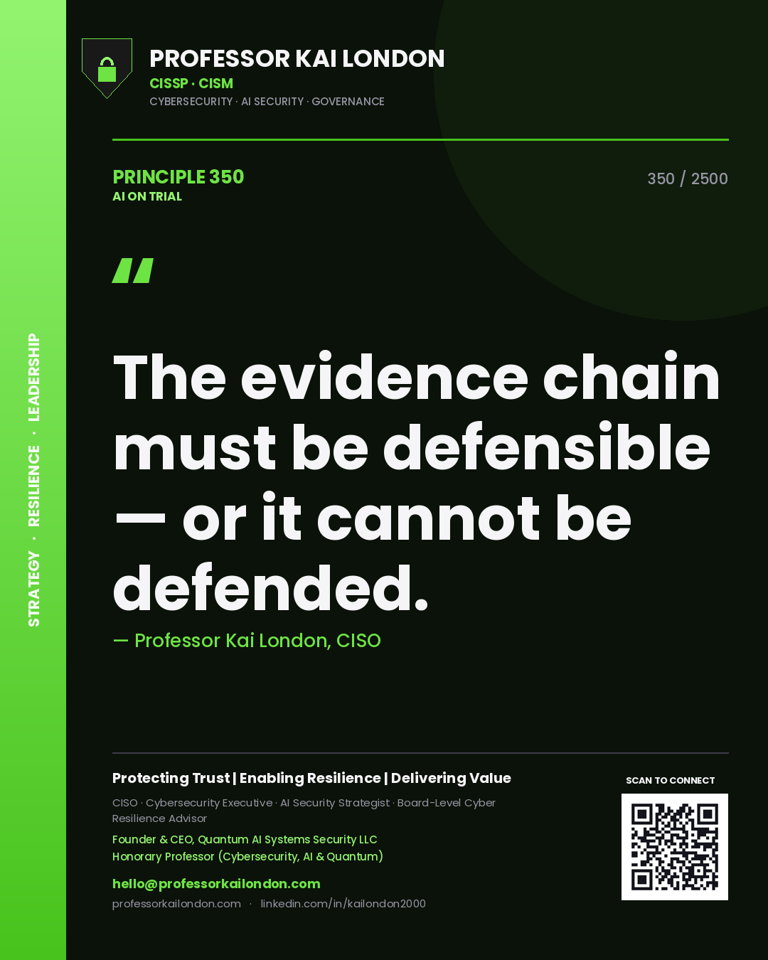 Professor Kai London principle 350: The evidence chain must be defensible — or it cannot be defended.
