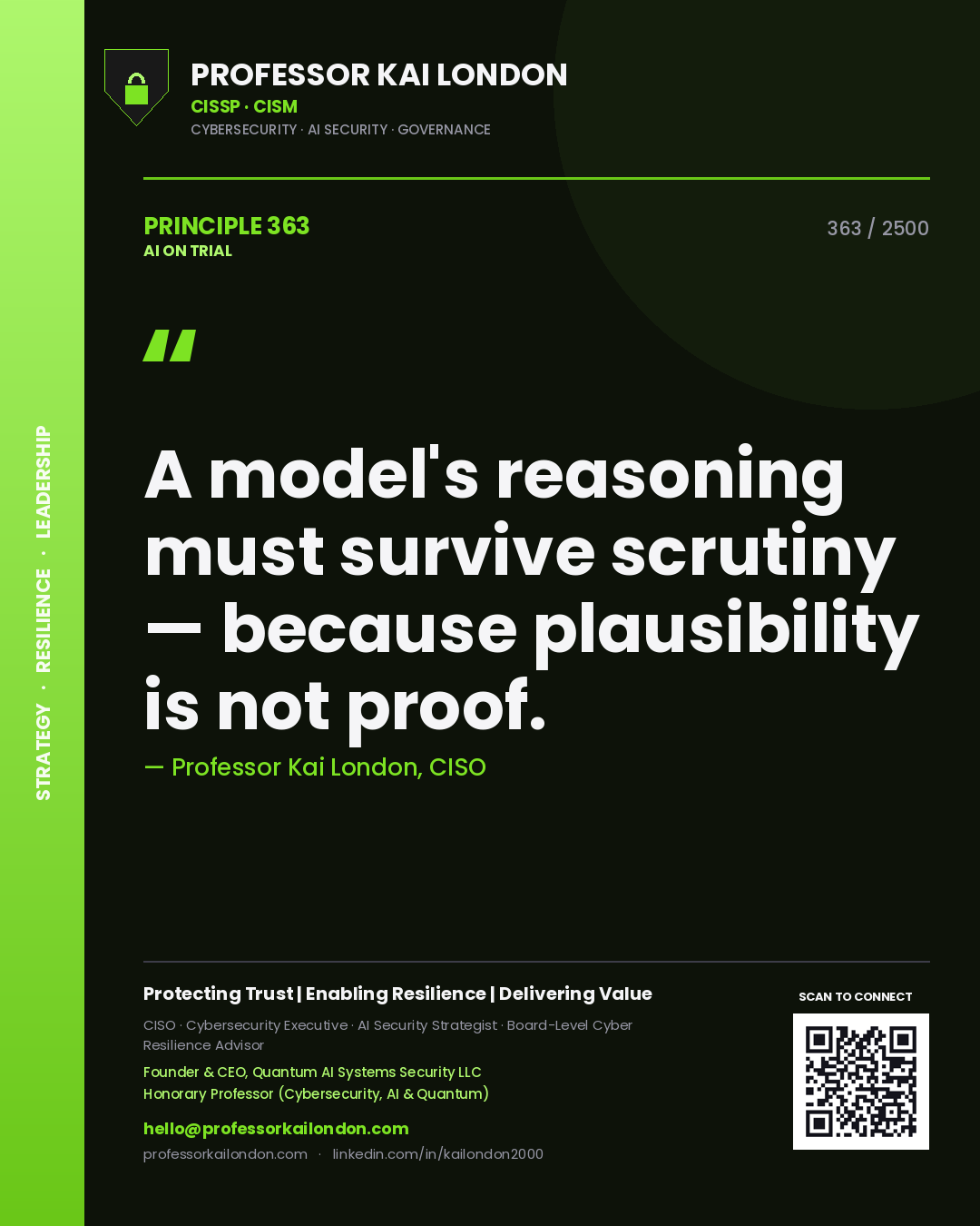 Professor Kai London principle 363: A model's reasoning must survive scrutiny — because plausibility is not proof.