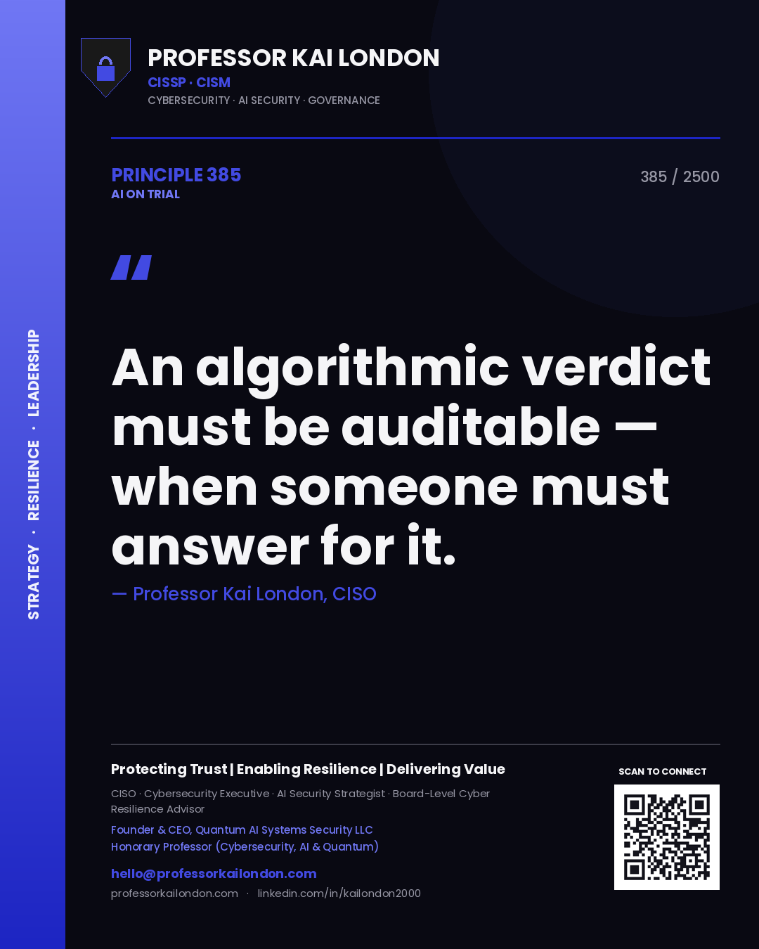 Professor Kai London principle 385: An algorithmic verdict must be auditable — when someone must answer for it.