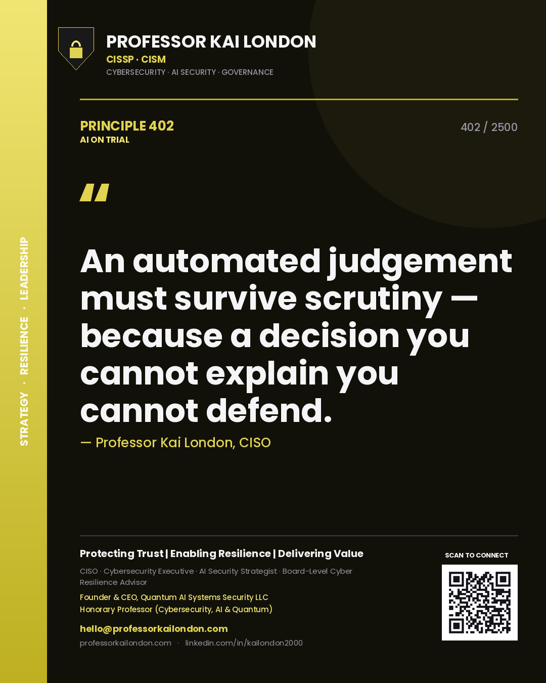 Professor Kai London principle 402: An automated judgement must survive scrutiny — because a decision you cannot explain you cannot defend.