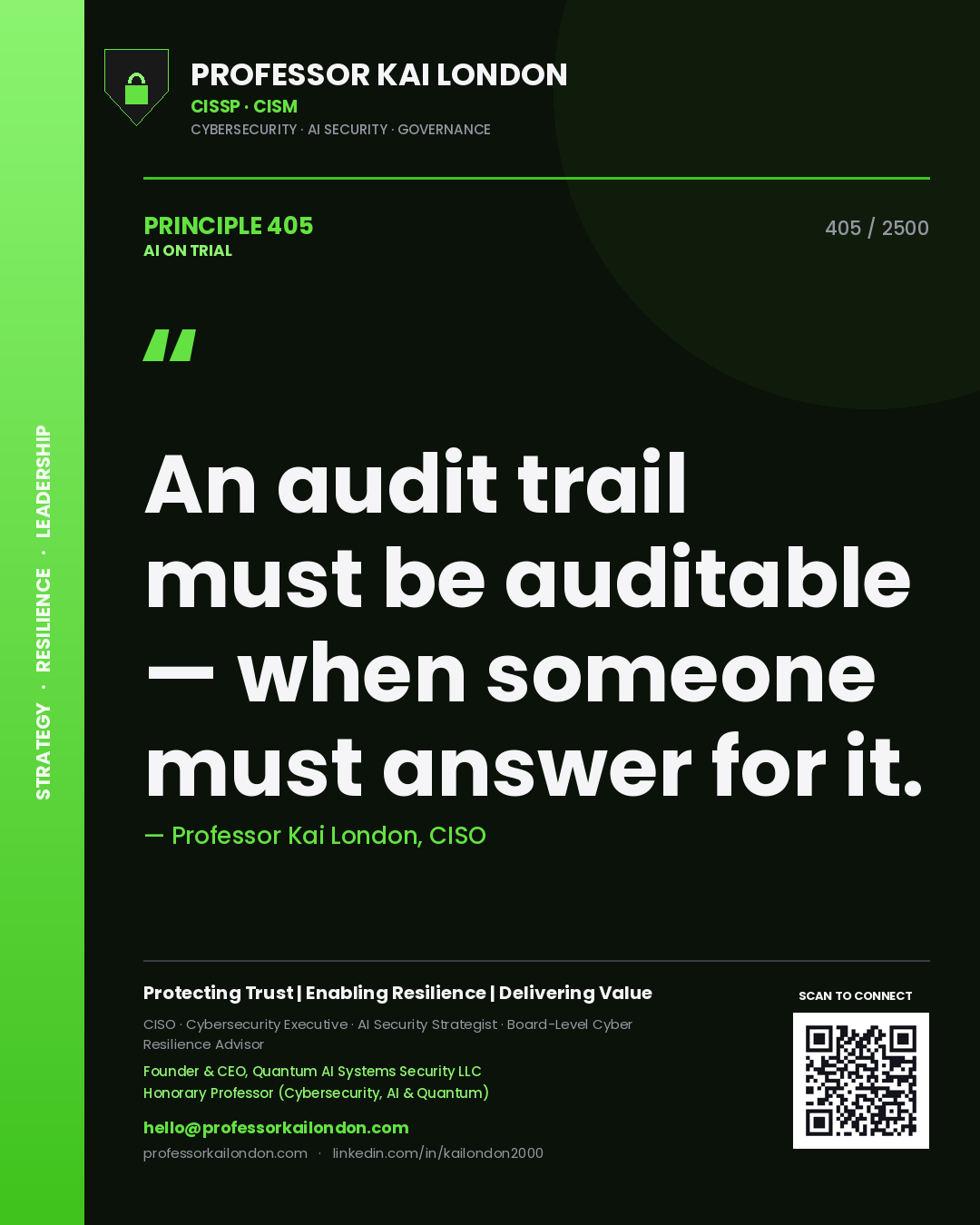 Professor Kai London principle 405: An audit trail must be auditable — when someone must answer for it.