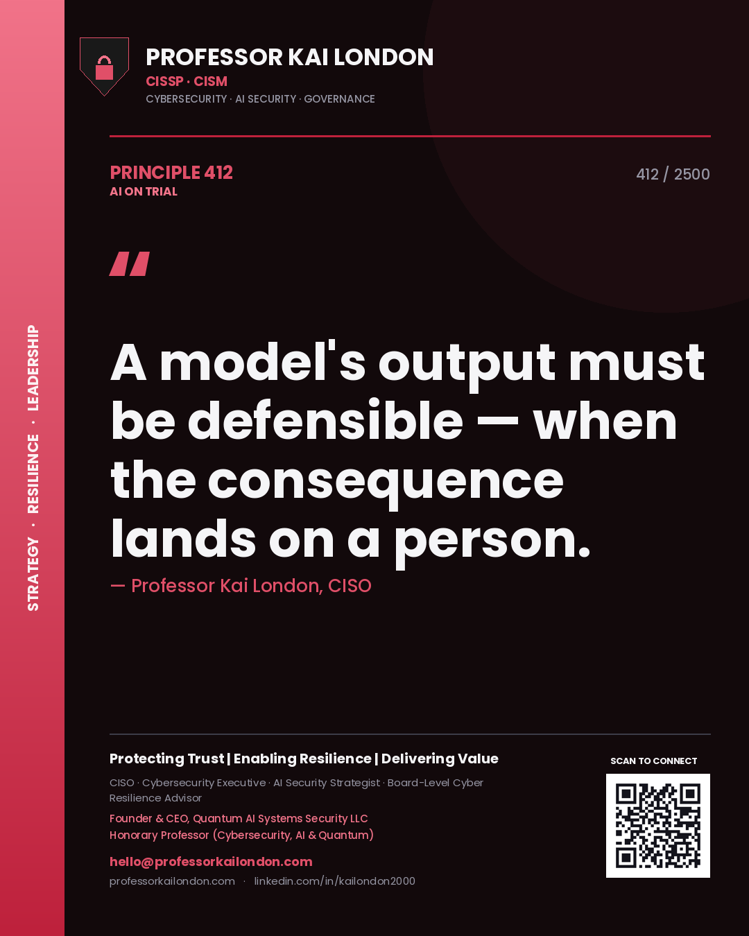Professor Kai London principle 412: A model's output must be defensible — when the consequence lands on a person.