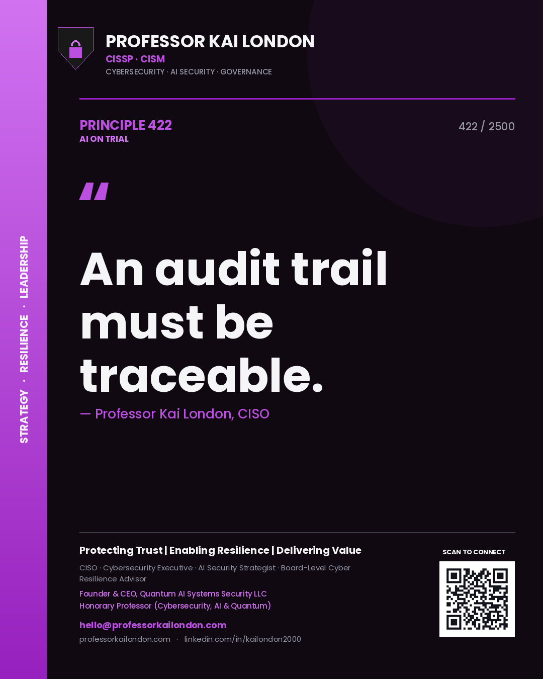 Quote card by Professor Kai London reading 'An audit trail must be traceable.'. From the book AI on Trial.