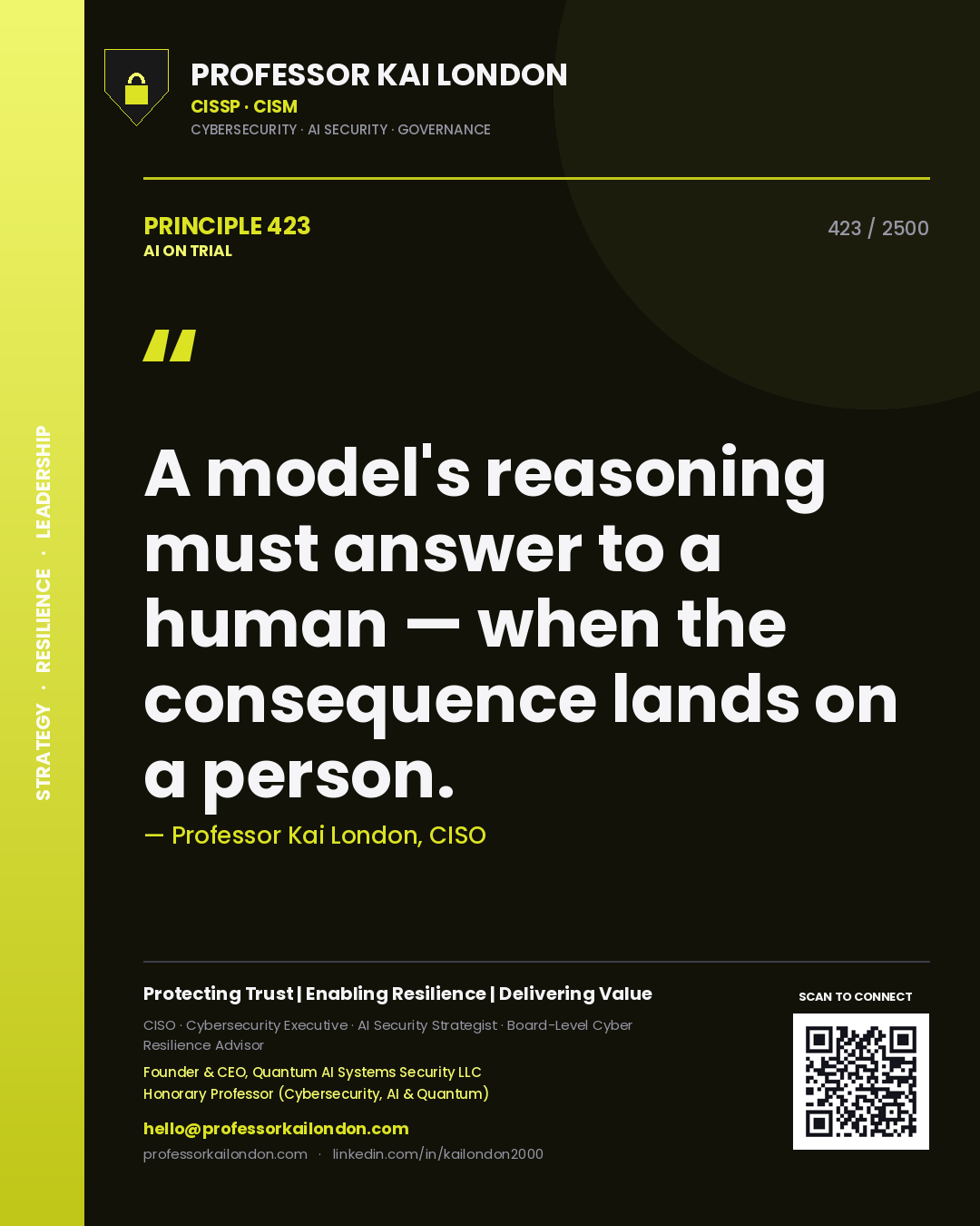 Professor Kai London principle 423: A model's reasoning must answer to a human — when the consequence lands on a person.