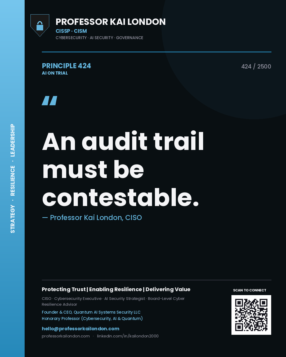 Quote card by Professor Kai London reading 'An audit trail must be contestable.'. From the book AI on Trial.