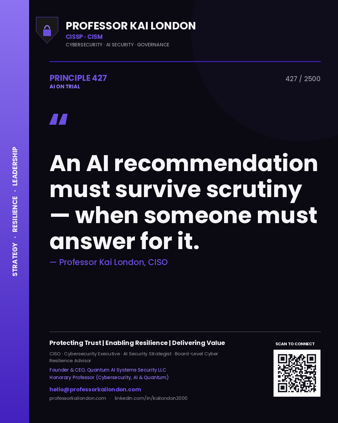 Quote card by Professor Kai London reading 'An AI recommendation must survive scrutiny — when someone must answer for it.'. From the book AI on Trial.