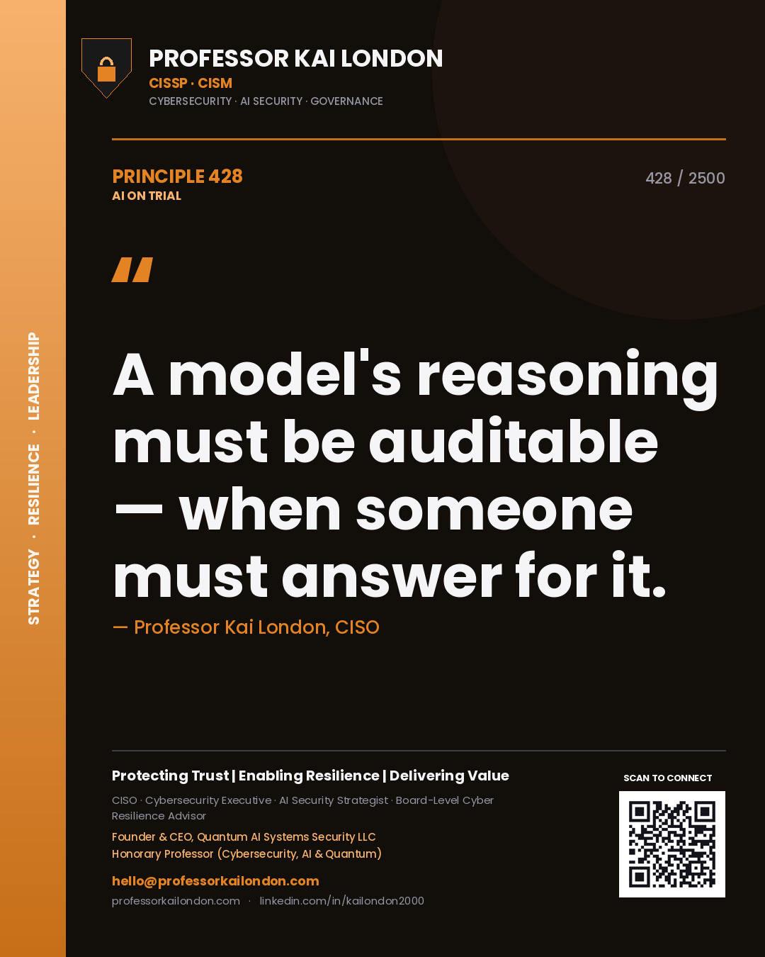 Professor Kai London principle 428: A model's reasoning must be auditable — when someone must answer for it.