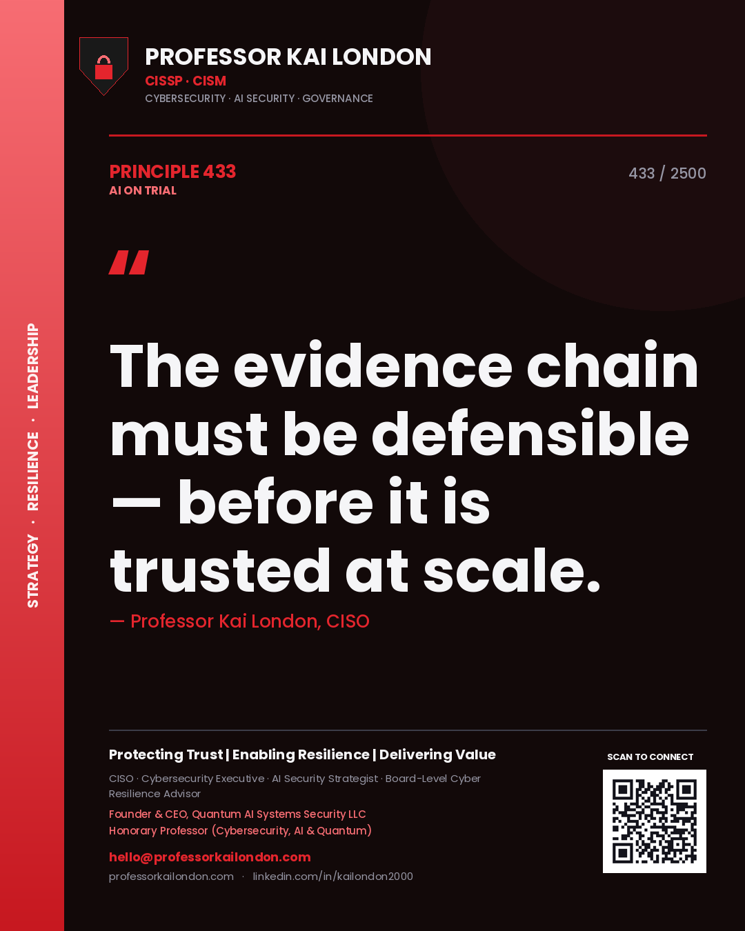 Professor Kai London principle 433: The evidence chain must be defensible — before it is trusted at scale.