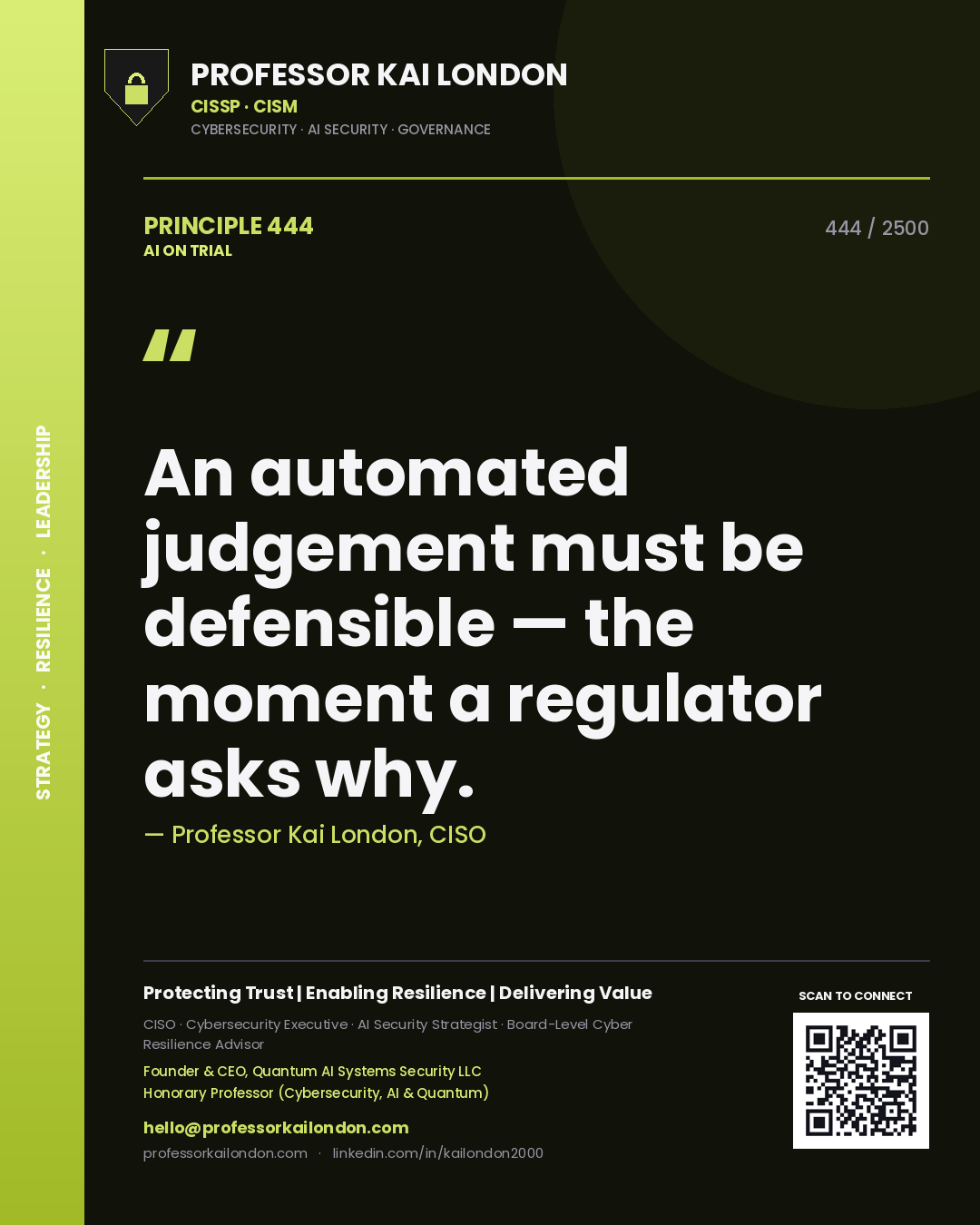 Professor Kai London principle 444: An automated judgement must be defensible — the moment a regulator asks why.