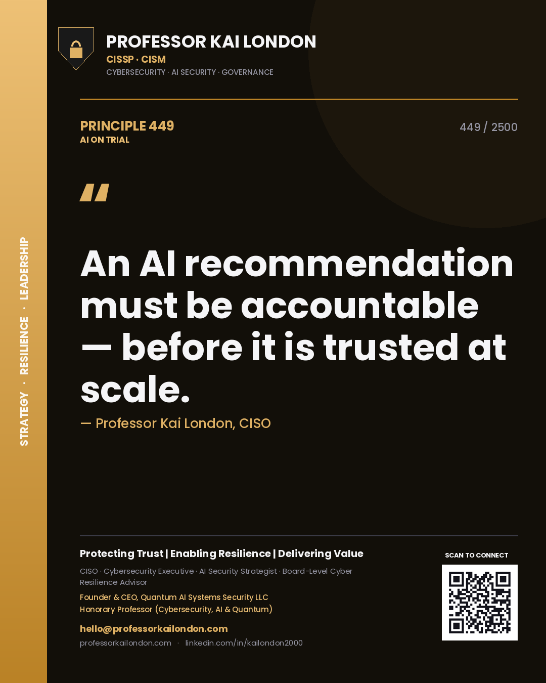 Professor Kai London principle 449: An AI recommendation must be accountable — before it is trusted at scale.