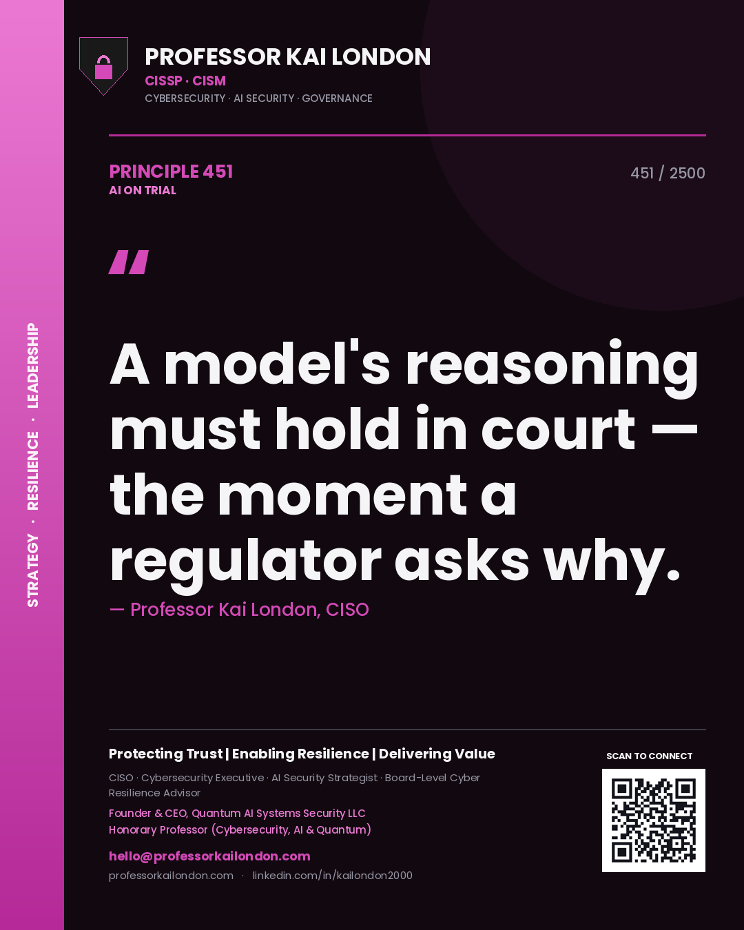 Professor Kai London principle 451: A model's reasoning must hold in court — the moment a regulator asks why.