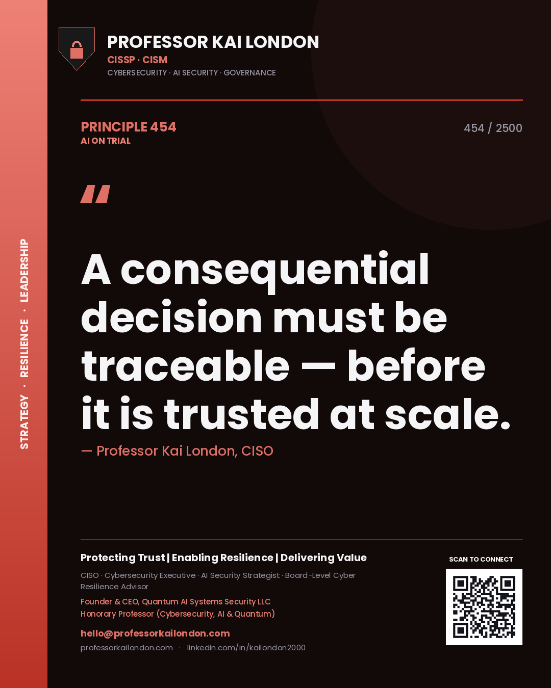 Professor Kai London principle 454: A consequential decision must be traceable — before it is trusted at scale.