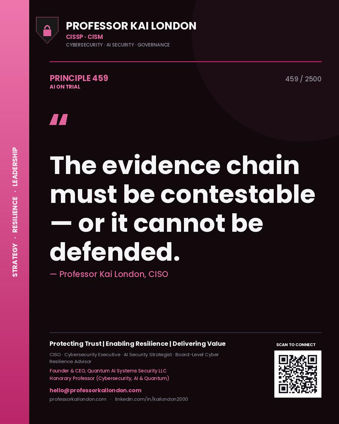 Professor Kai London principle 459: The evidence chain must be contestable — or it cannot be defended.