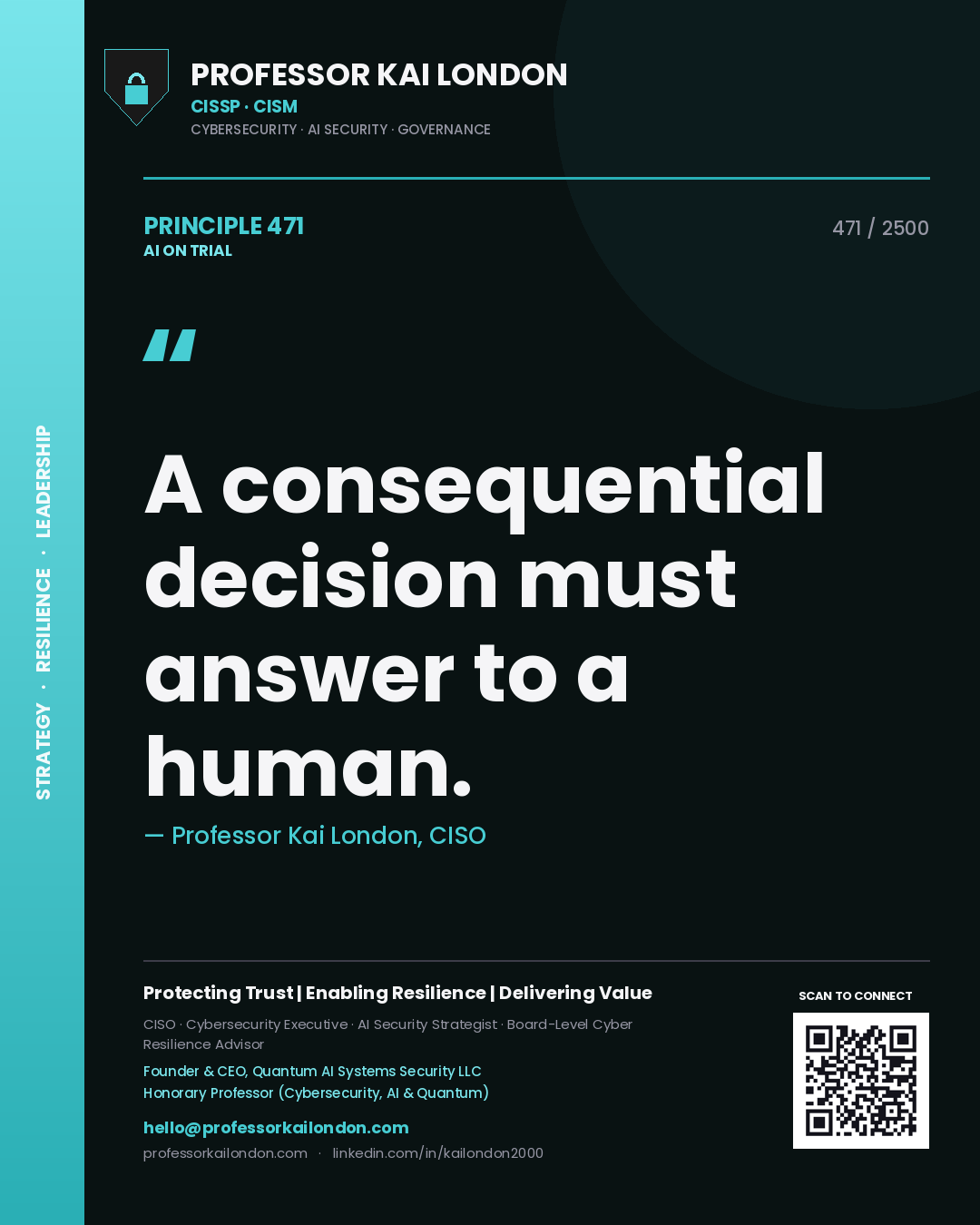 Quote card by Professor Kai London reading 'A consequential decision must answer to a human.'. From the book AI on Trial.