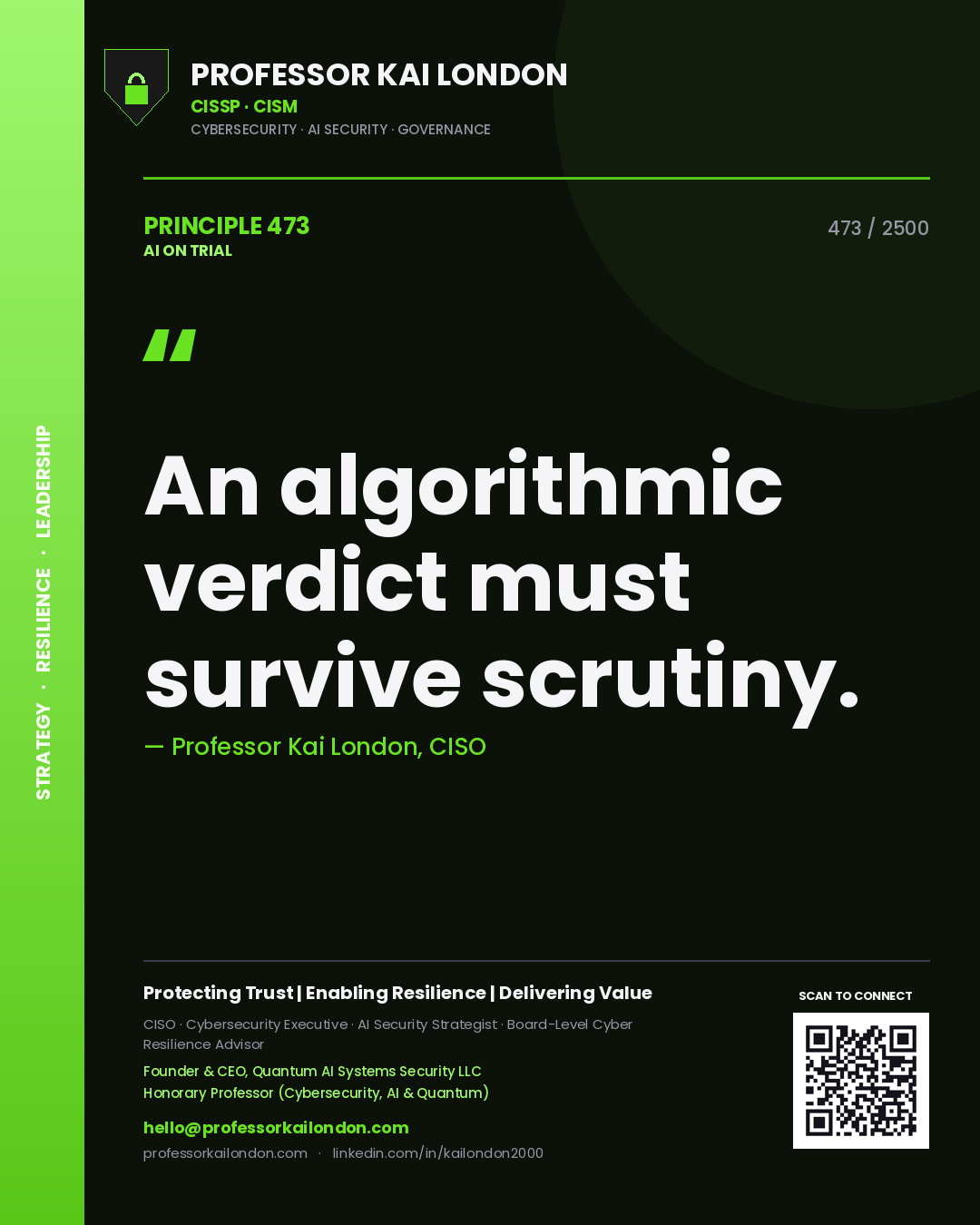 Quote card by Professor Kai London reading 'An algorithmic verdict must survive scrutiny.'. From the book AI on Trial.