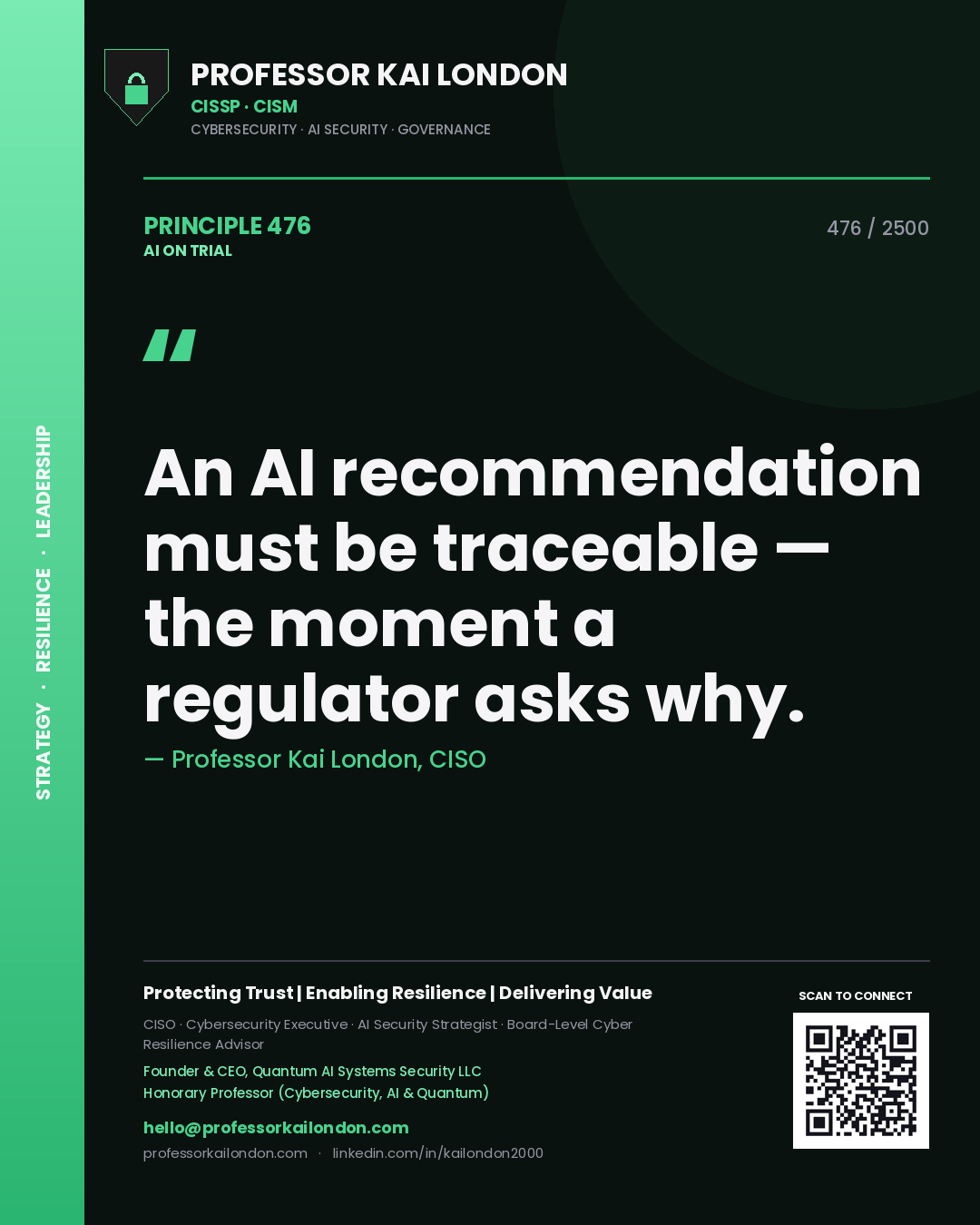Professor Kai London principle 476: An AI recommendation must be traceable — the moment a regulator asks why.