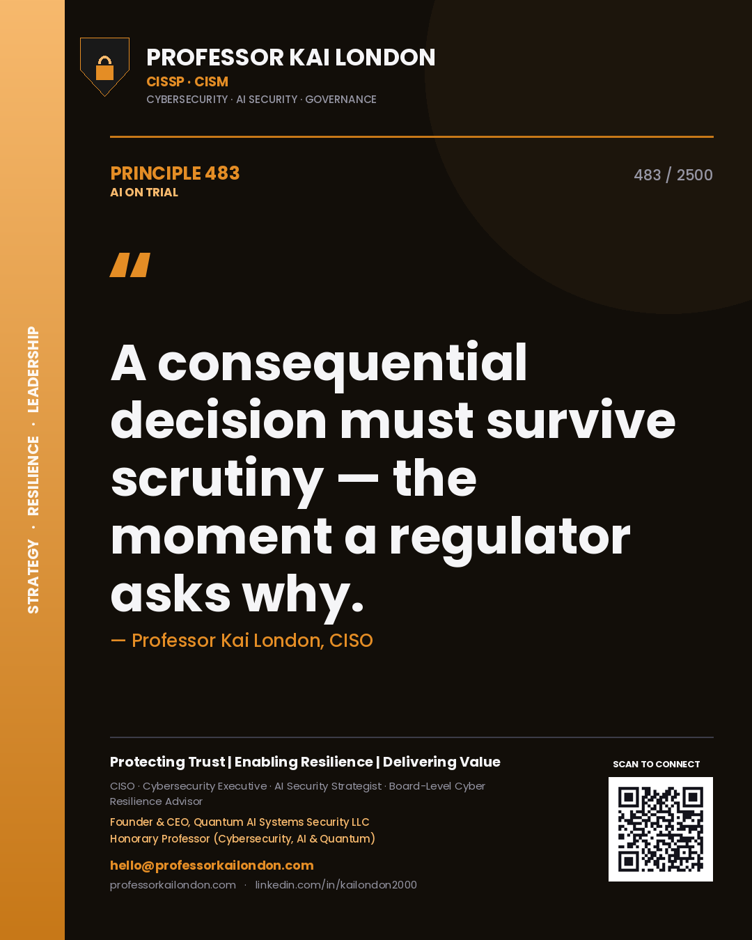 Professor Kai London principle 483: A consequential decision must survive scrutiny — the moment a regulator asks why.