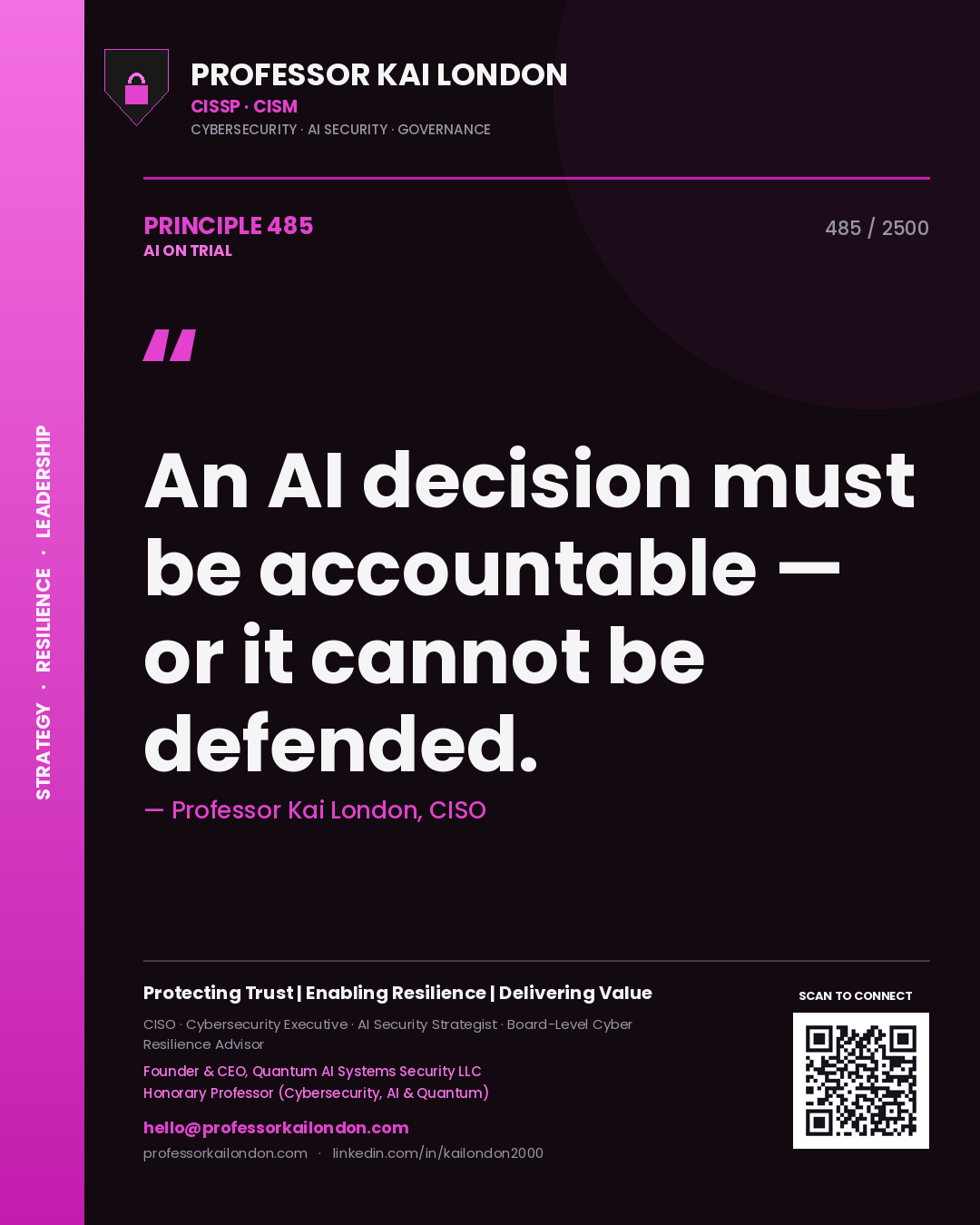 Quote card by Professor Kai London reading 'An AI decision must be accountable — or it cannot be defended.'. From the book AI on Trial.
